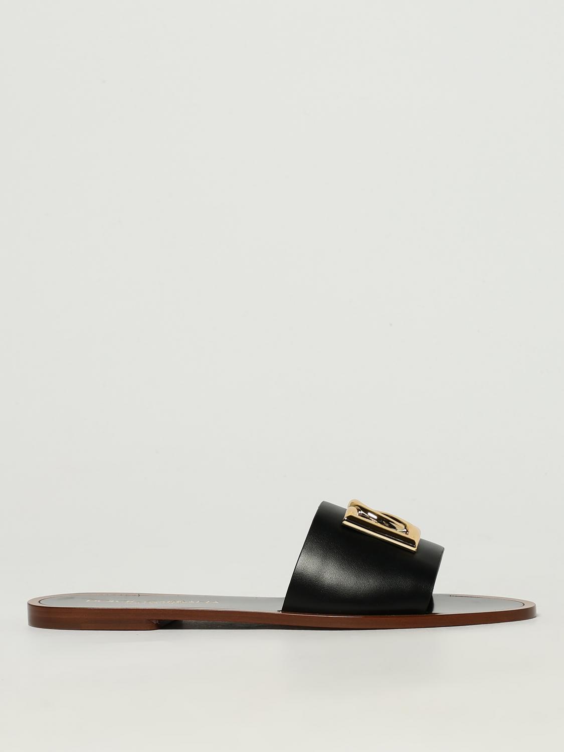 Dolce & Gabbana Flat Leather Slide Sandals With Front Embellishment In Black