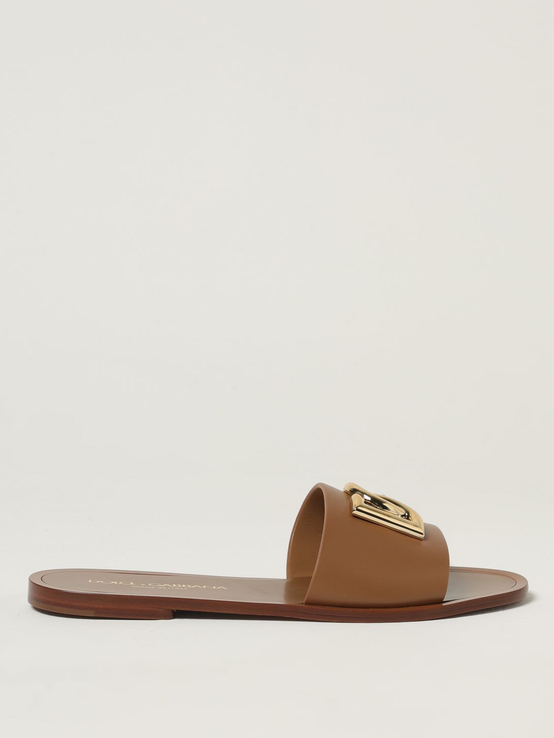 Dolce & Gabbana Women Camel Calf Leather Bianca Slides In Multi