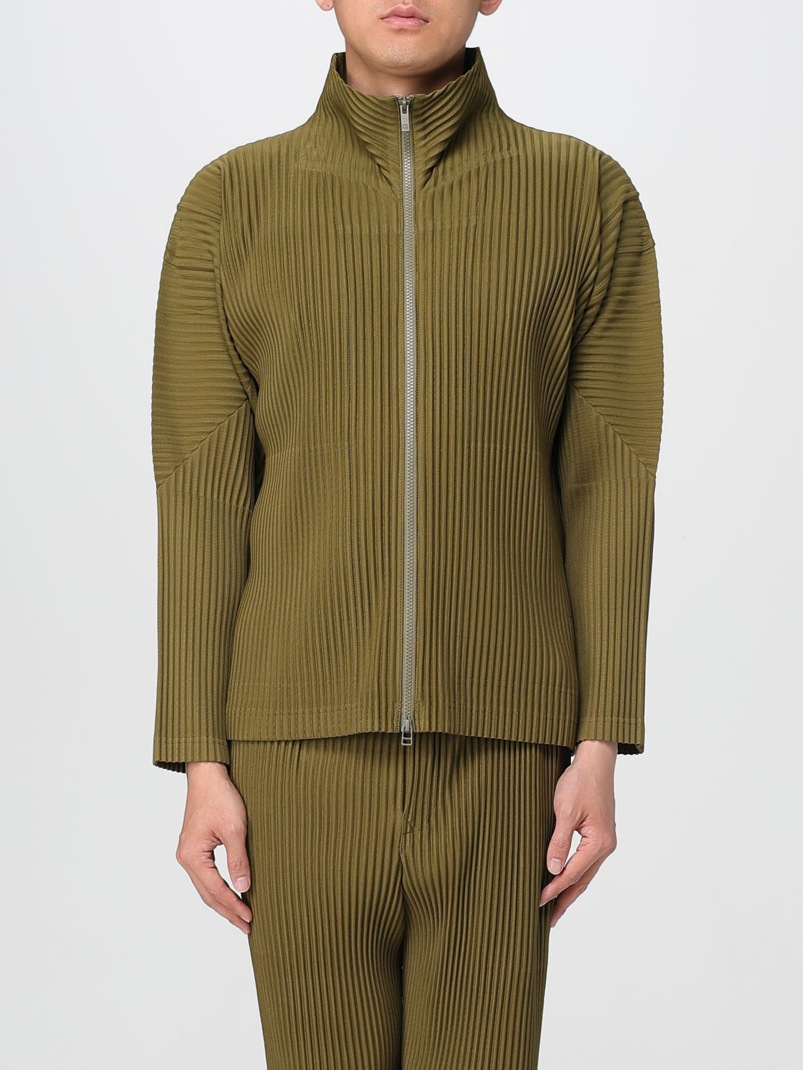 Issey Miyake Olive Green Zip-up Jacket With Ribbed Texture In Green