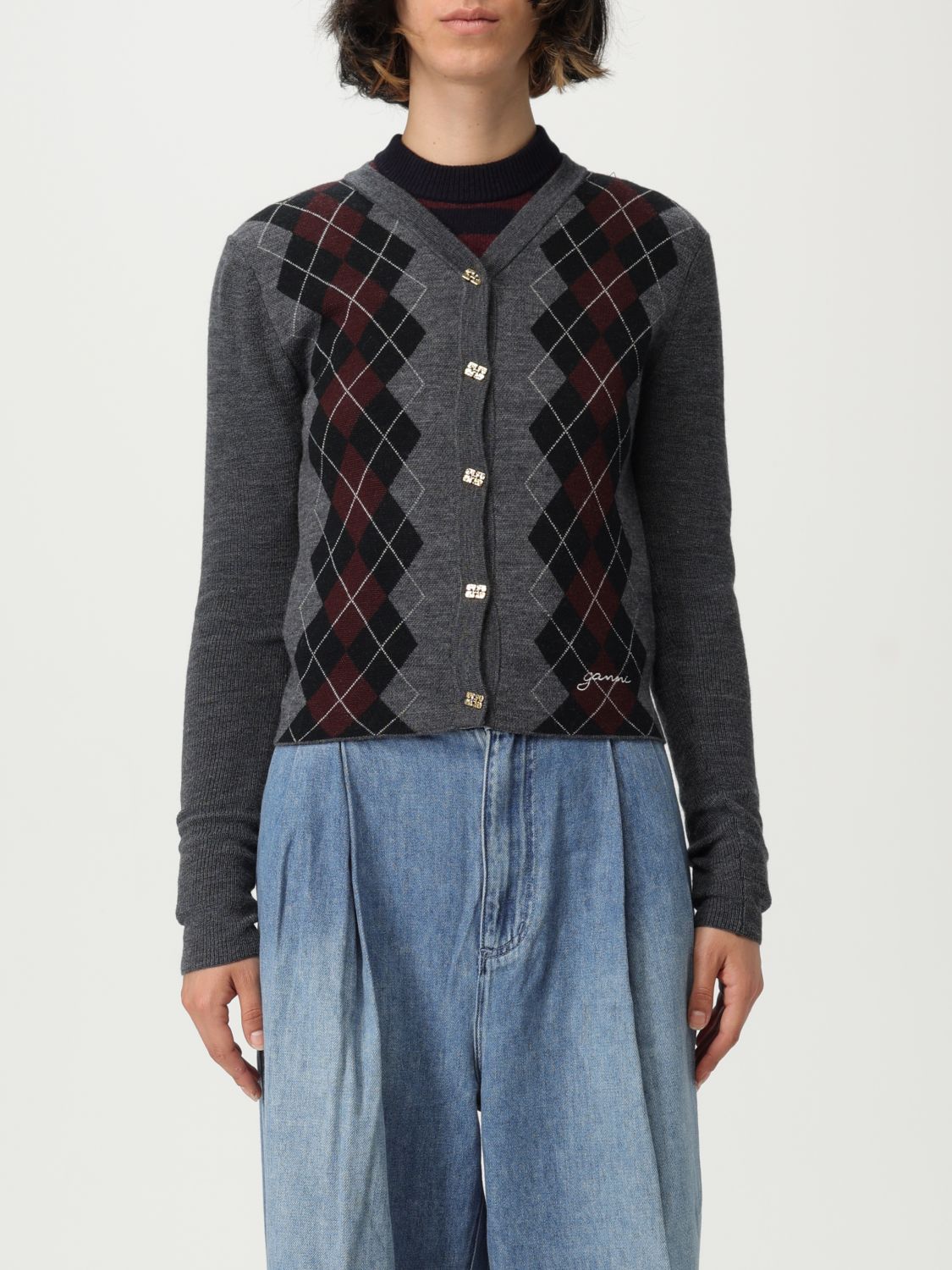 Ganni Grey Sweater With Classic Collar And Check Motif On The Front In Wool Woman In Gray
