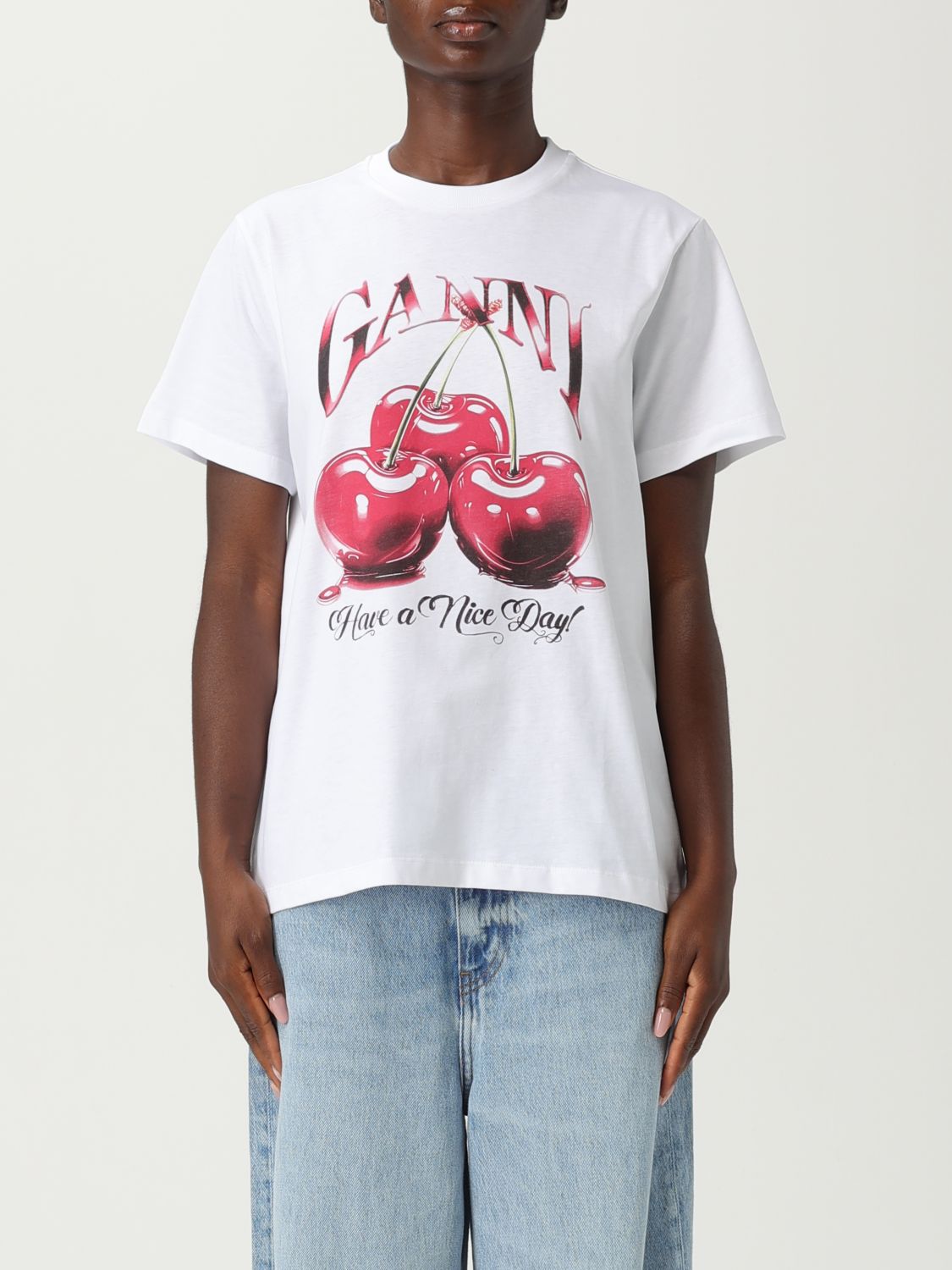 Ganni White T-shirt With Cherry Print And Logo Lettering On The Front In Cotton Woman In White