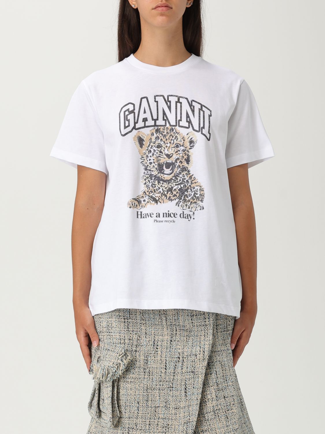 Ganni White T-shirt With Print And Logo Lettering On The Front In Gray