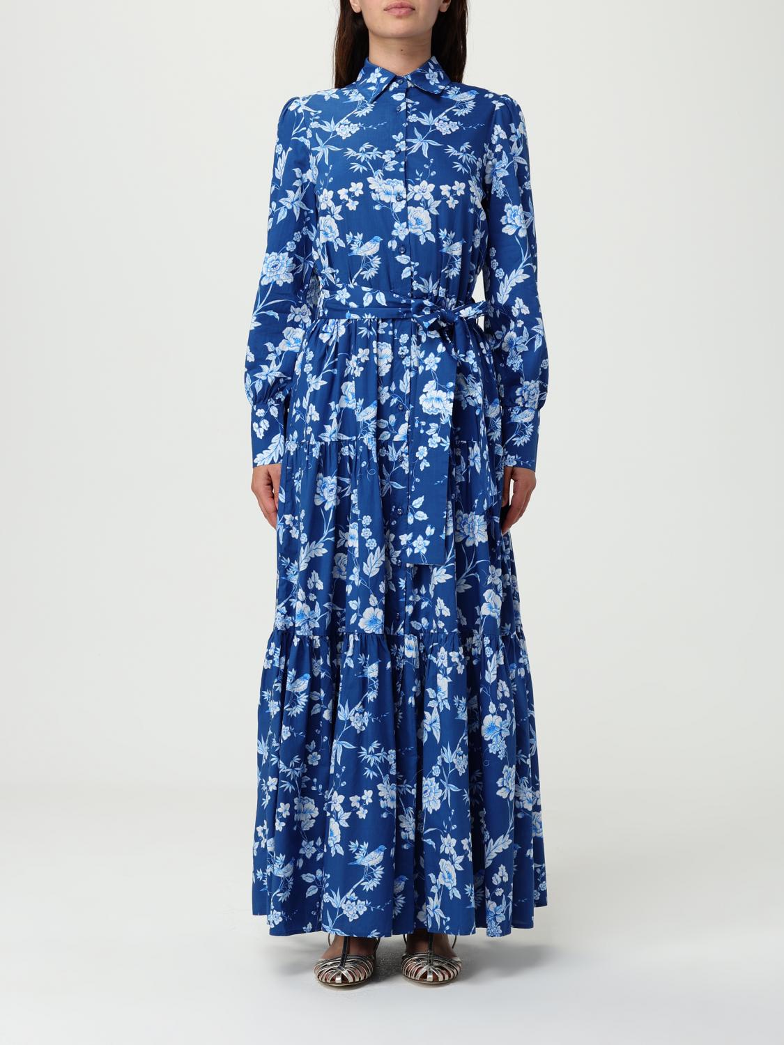 Mc2 Saint Barth Floral Maxi Dress With Classic Collar In Blue