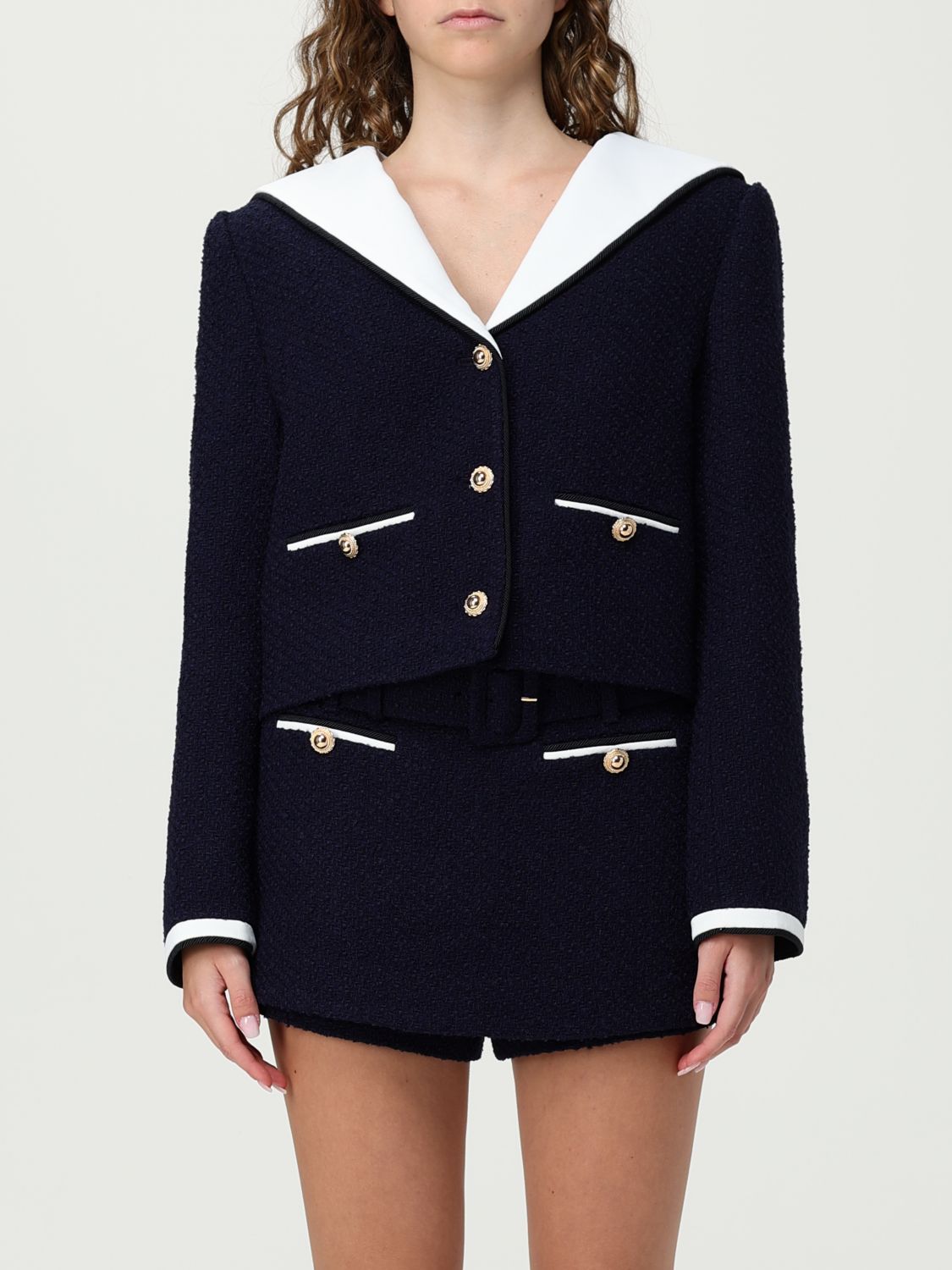 Self-portrait Belted Waist Short Jacket With Stripe Trim