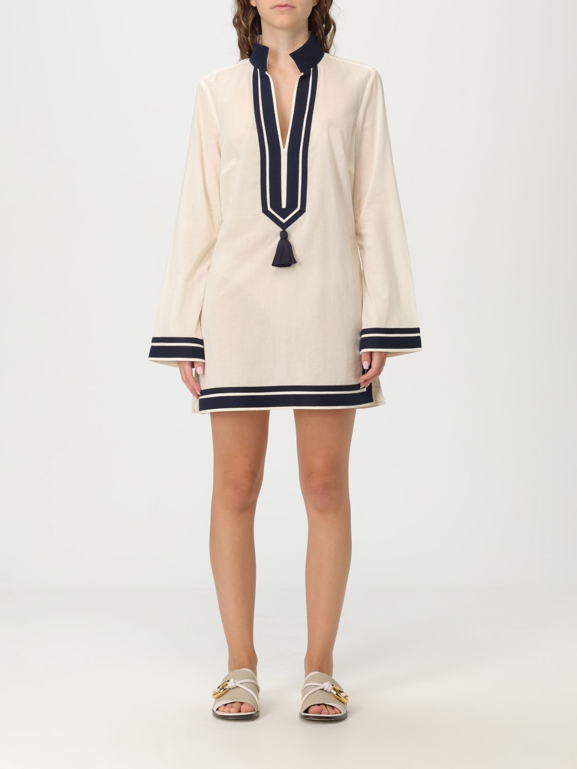 Tory Burch Cotton Short Dress With Contrasting Profiles In Neutral
