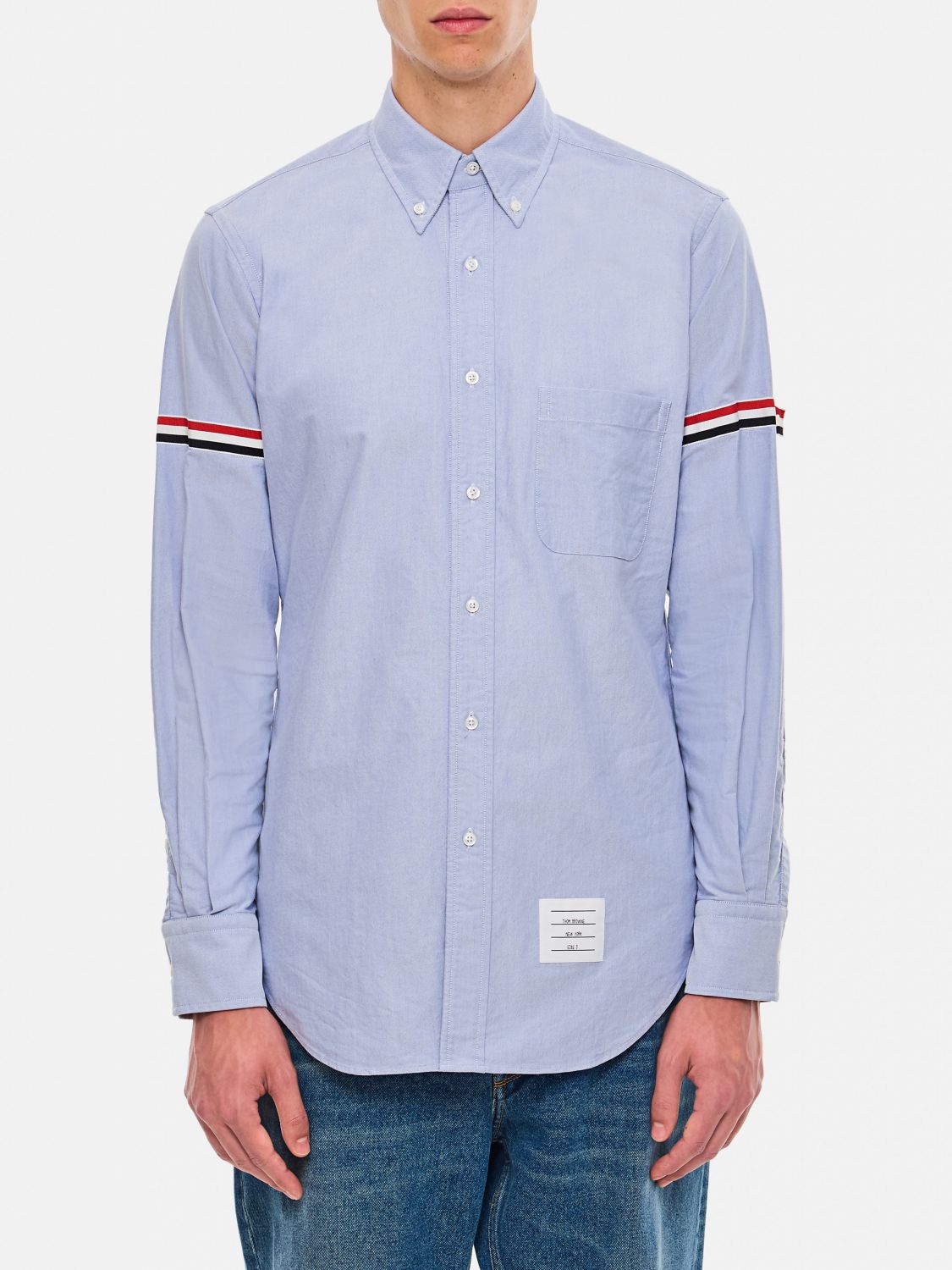 Thom Browne Button-down Cotton Shirt With Grosgrain Detailing And Logo Patch In Blue