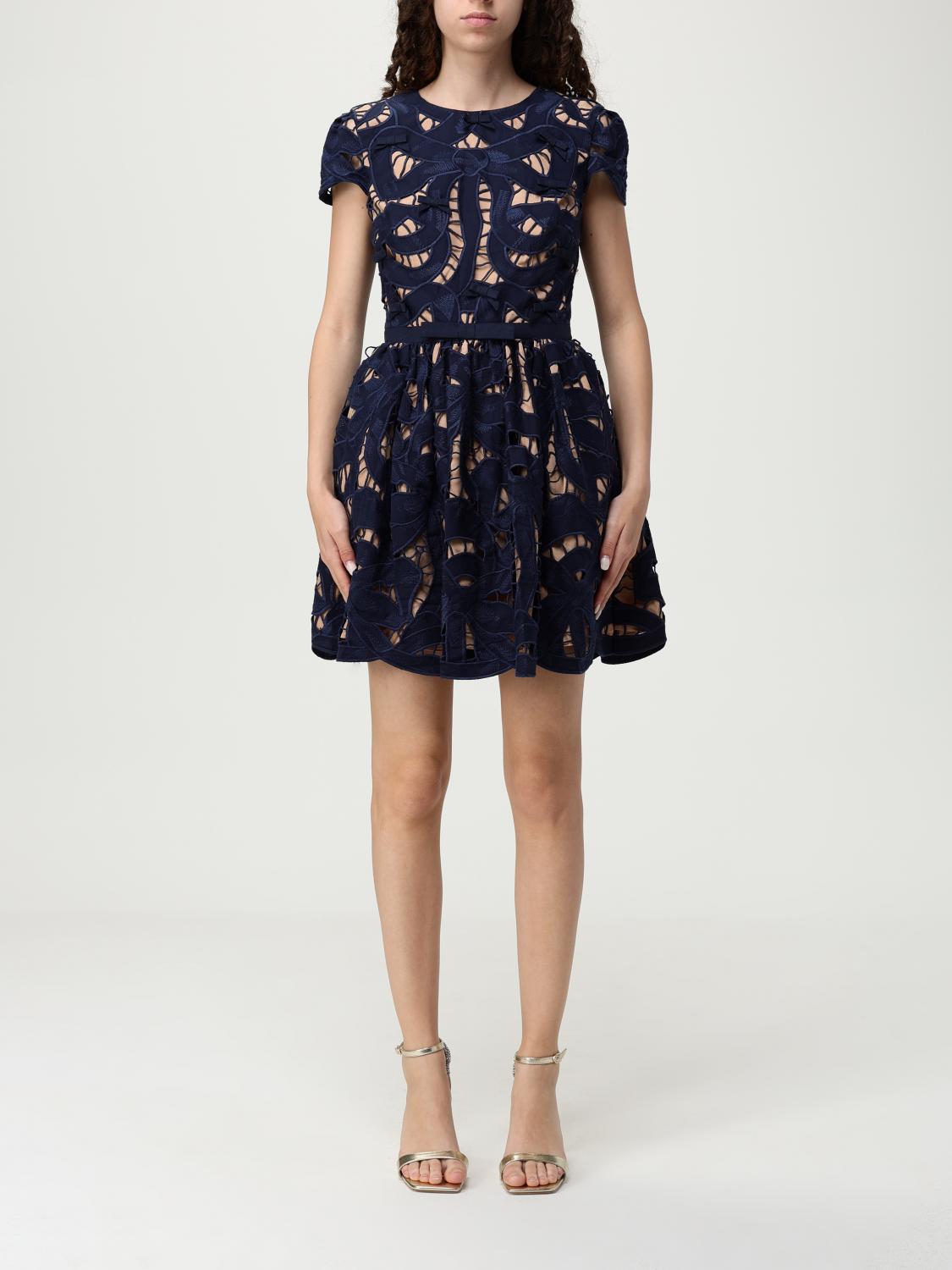 Self-portrait Blue Cotton Poplin Mini Dress With Bow Motif In Blue