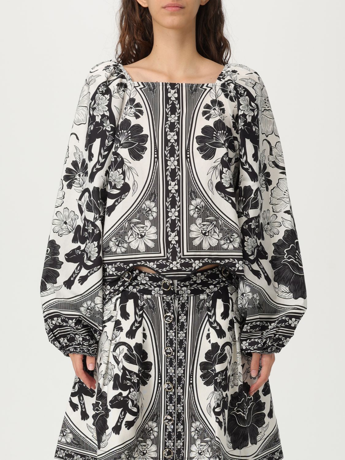 Farm Rio Placed Floral Print Long Sleeve Cotton Top In Gray