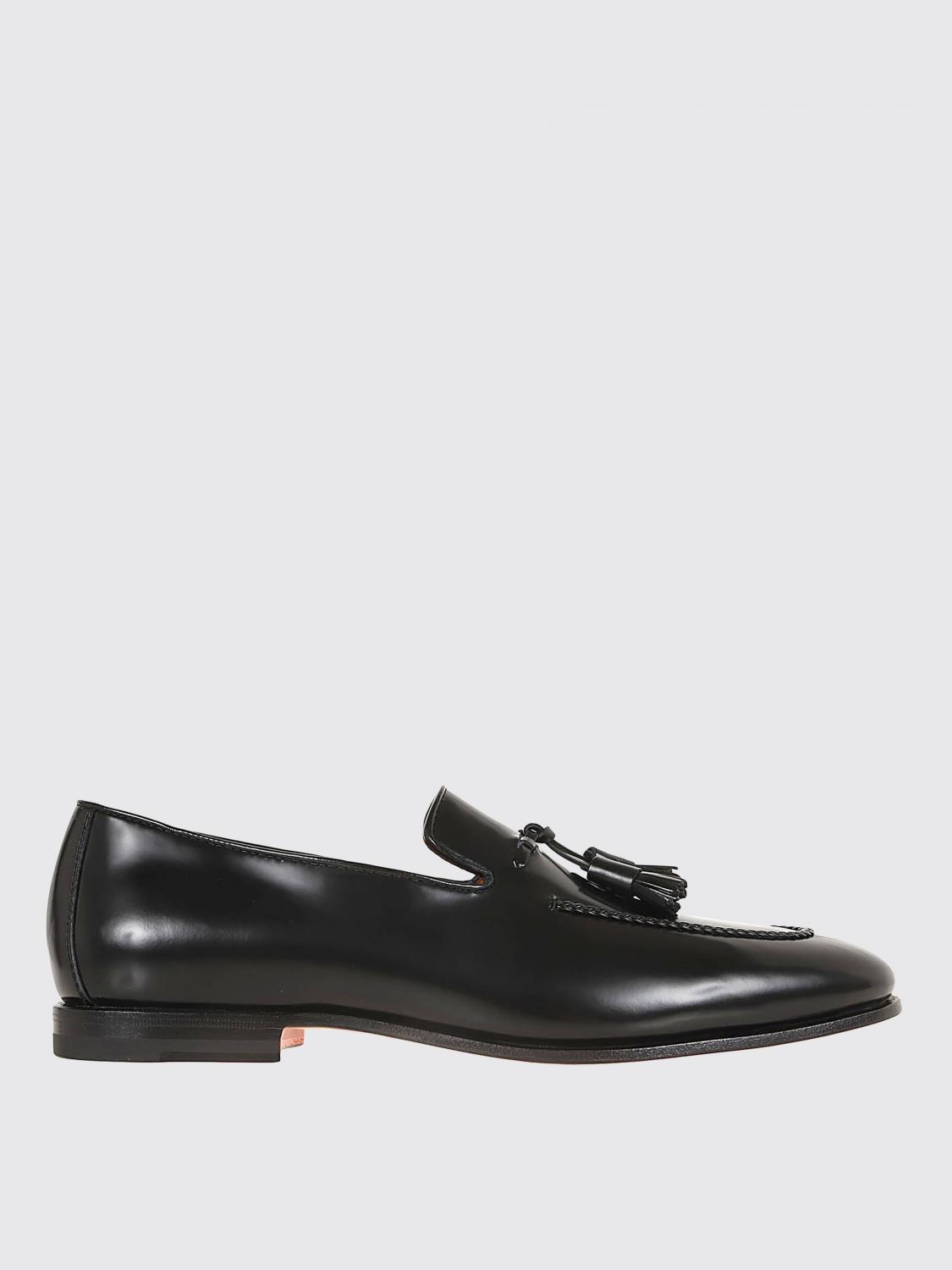 Santoni Black Leather Moccasin With Tapered Toe And Decorative Tassels
