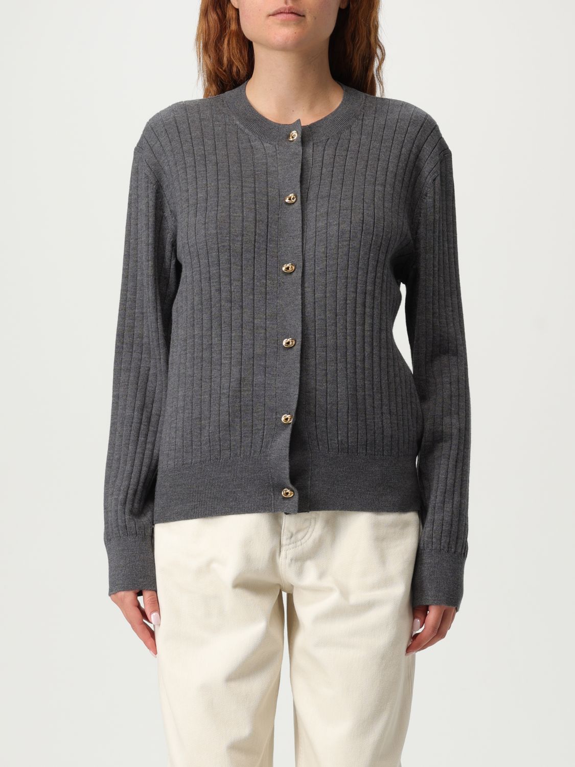 Bottega Veneta Grey Crewneck Cardigan With Knot Buttons Closure And Ribbed Knit In Wool Woman In Gray