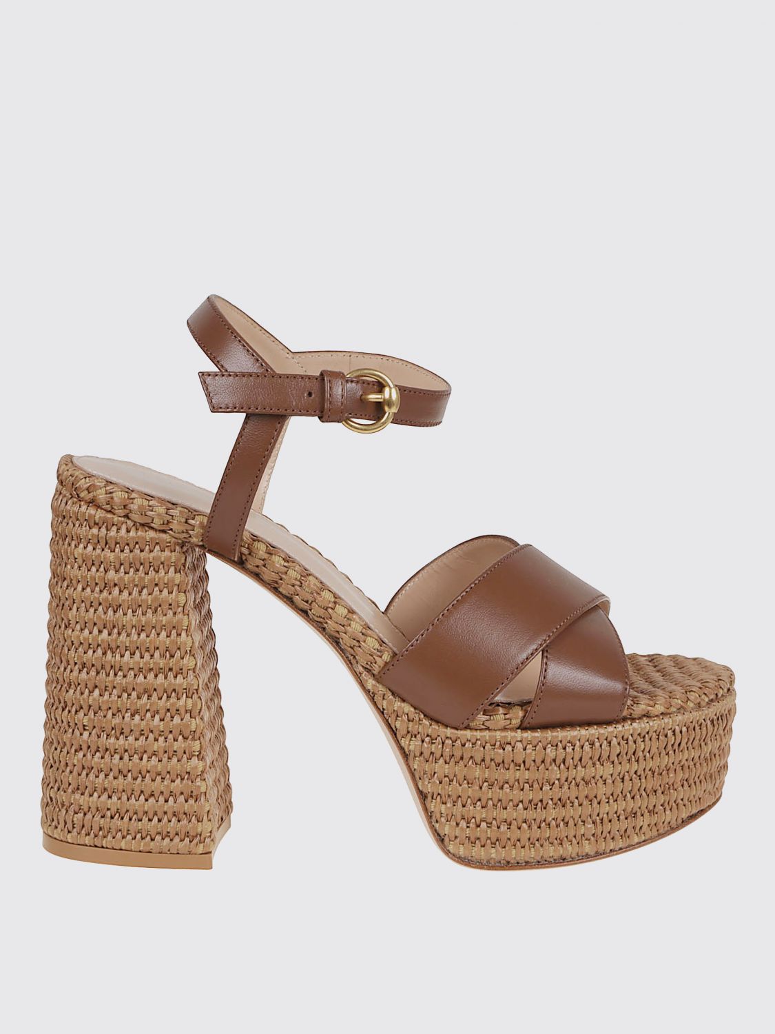 Gianvito Rossi Crossed Raffia Platform Sandals With Ankle Strap In Brown