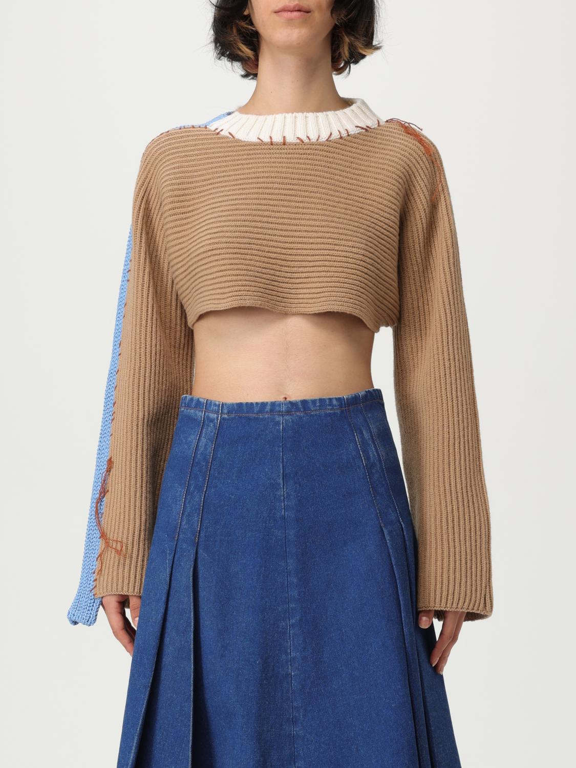 Marni Women Bicolor Cropped Sweater With Stitching In Brown