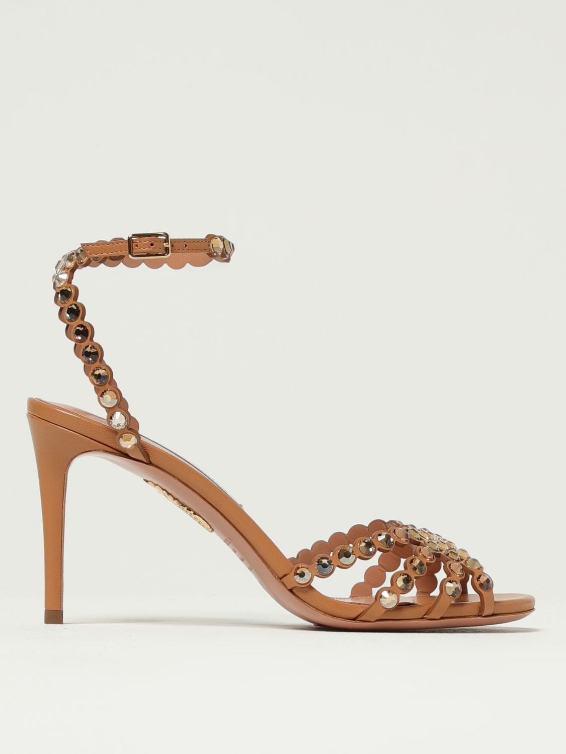 Aquazzura Heeled Sandals With Diamonds And Ankle Strap In Brown