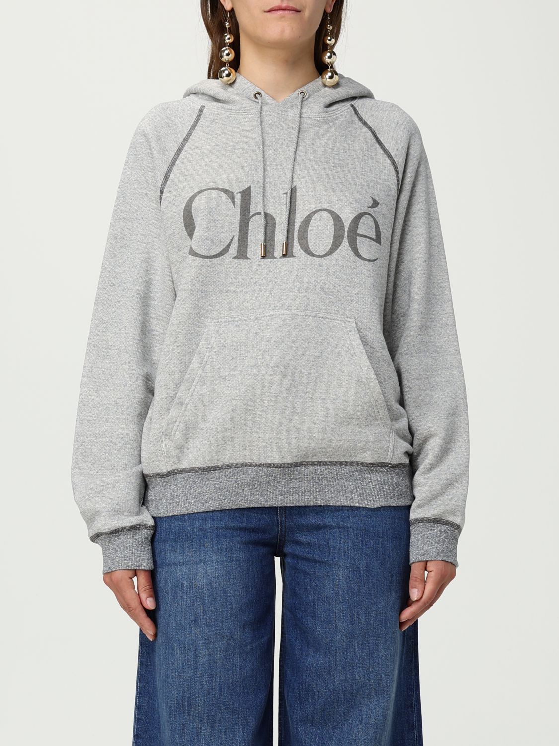 Chloé Hooded Cotton Blend Sweatshirt With Kangaroo Pocket In Gray