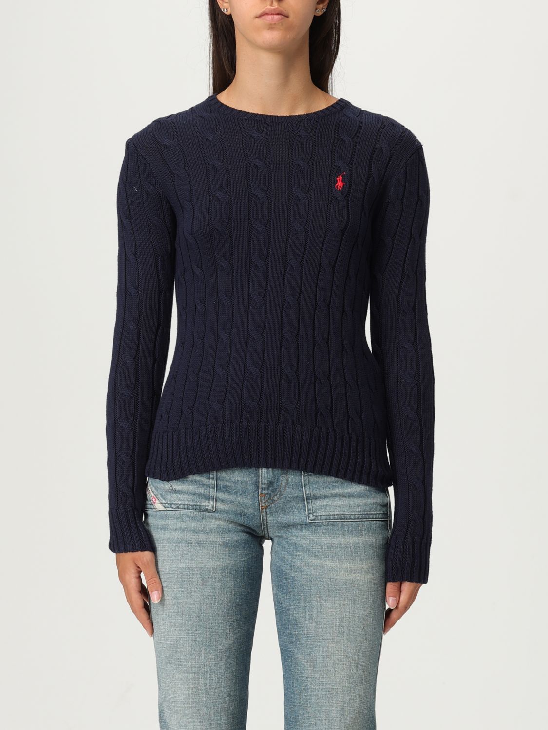 Polo Ralph Lauren Julianna Cotton Cable Crew Neck Sweater In Blue