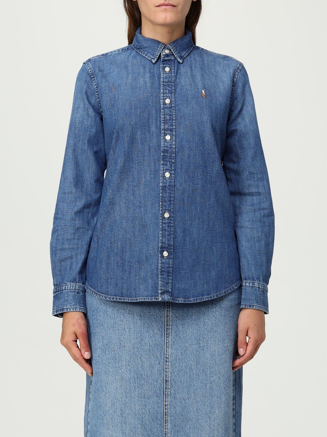 Polo Ralph Lauren Blue Shirt With Classic Collar And Pony Embroidery On The Front In Denim Woman In Blue