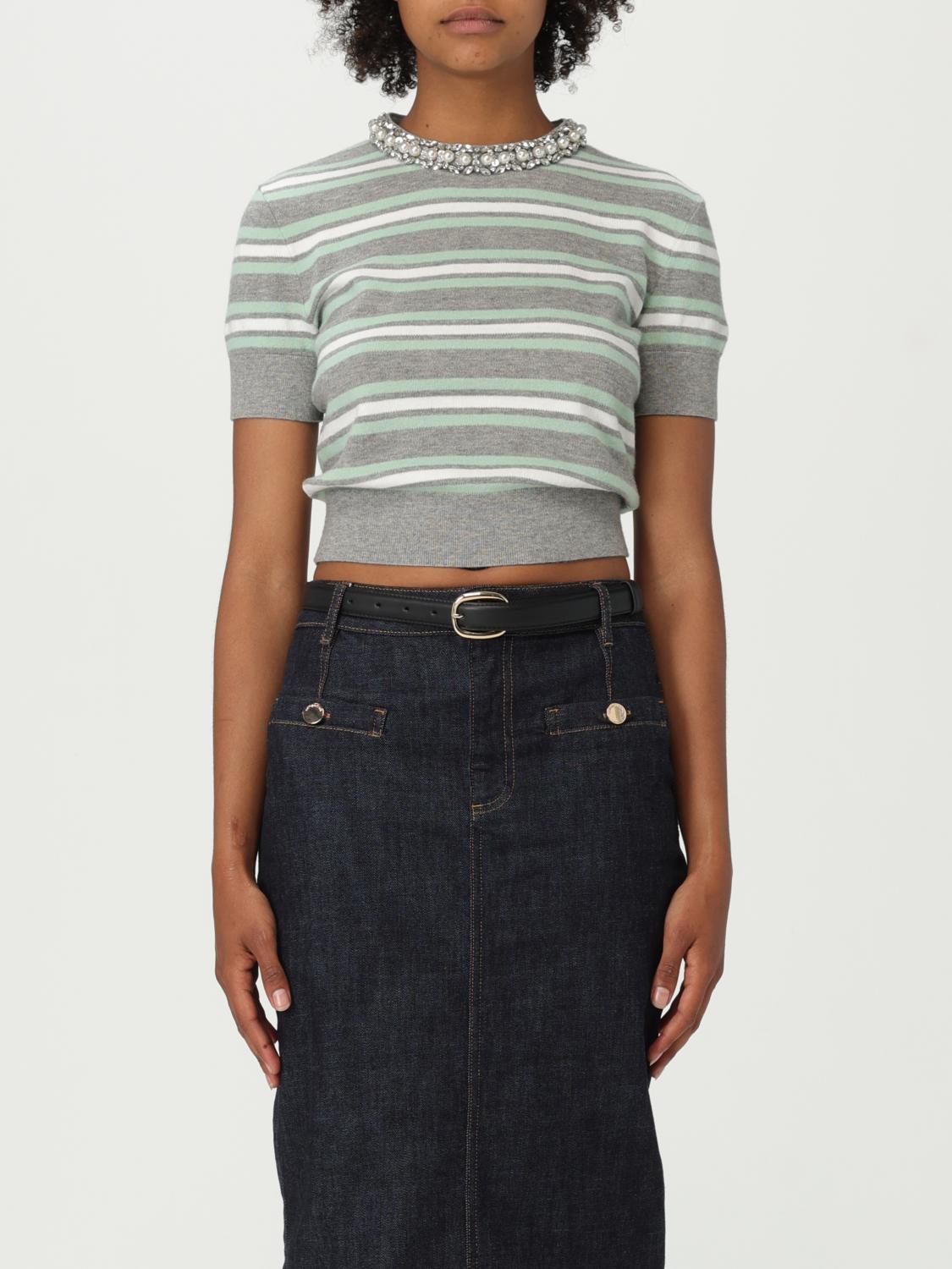 Self-portrait Striped Cropped T-shirt In Gray