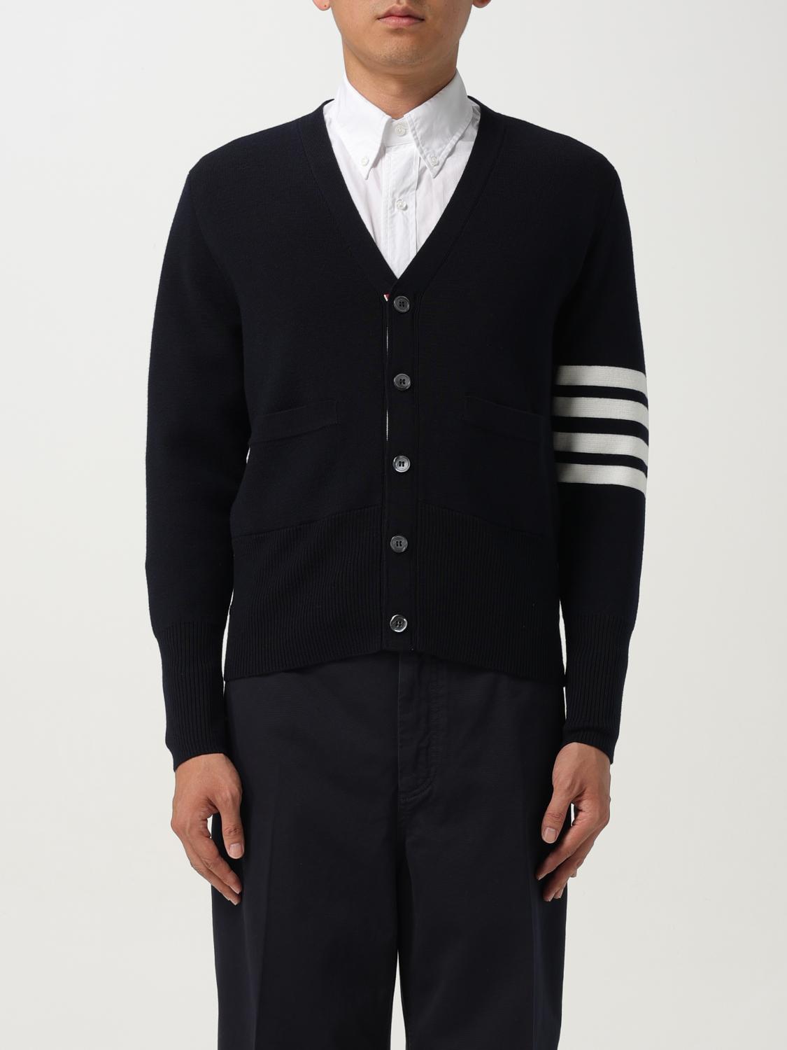 Thom Browne Wool Cardigan With Striped Sleeve Detail In Blue