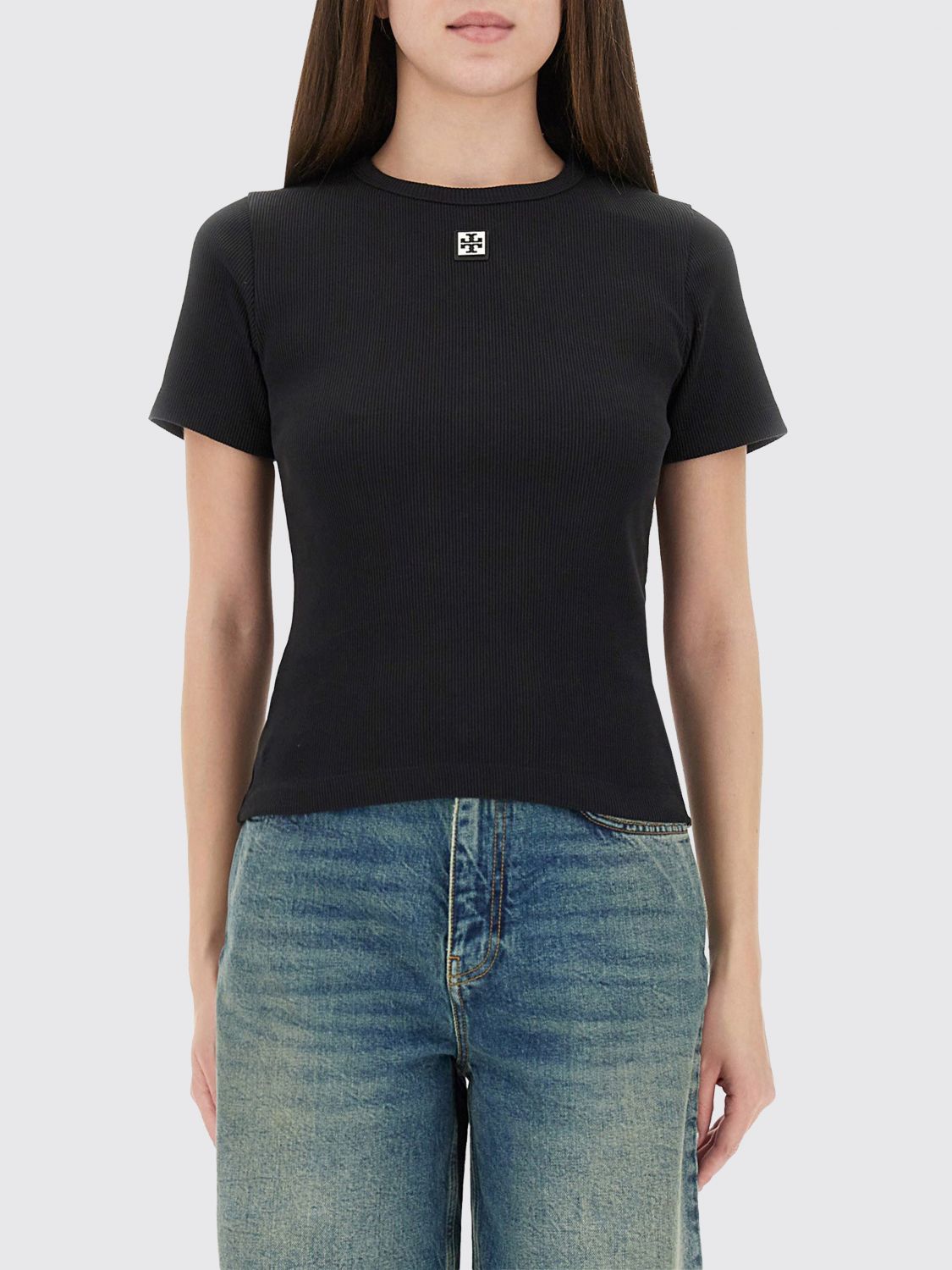 Tory Burch Ribbed Cotton T-shirt In Black