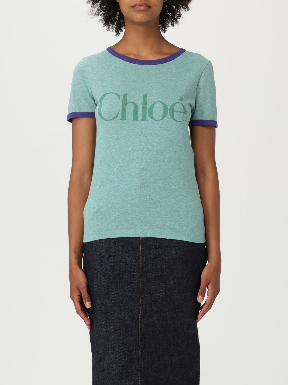 Chloé Green Crewneck T-shirt With Logo Lettering Print On The Front In Cotton Woman In Green