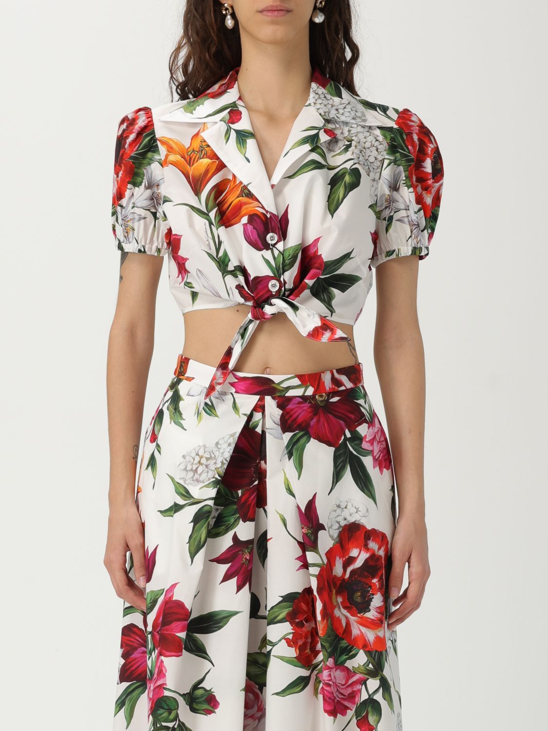 Dolce & Gabbana Anemone Floral Popeline Puff-sleeve Tie Crop Shirt