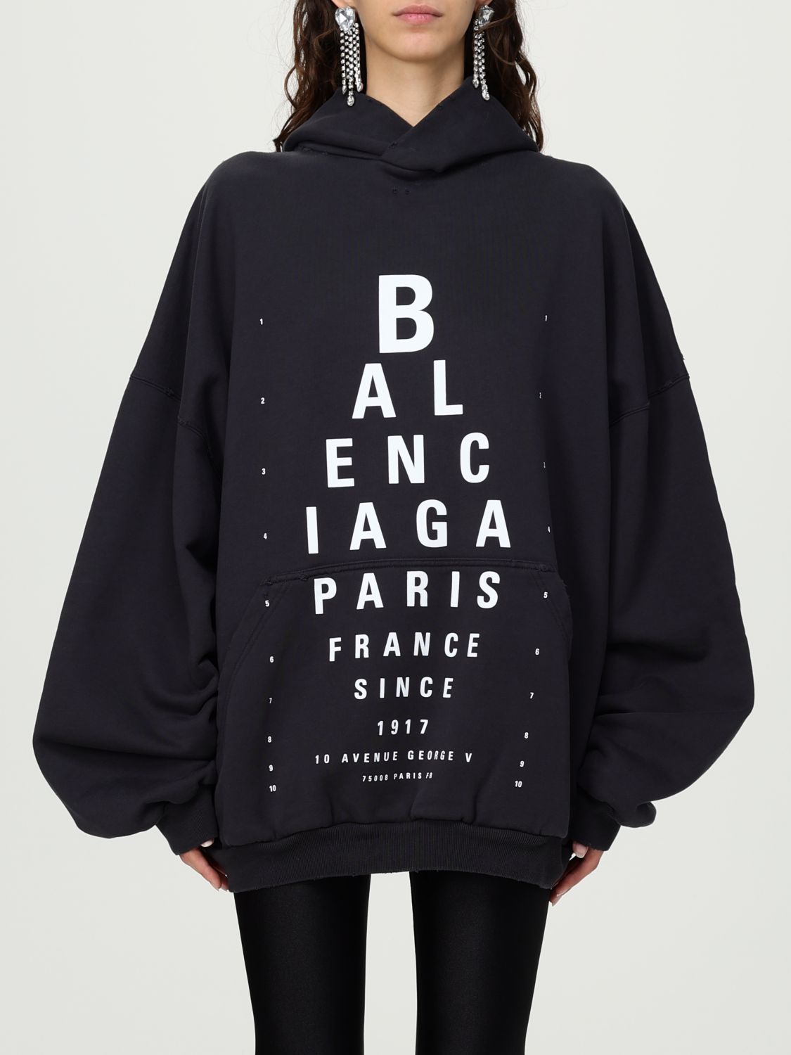 Balenciaga Washed Black Cotton Oversized Hoodie With Bold Graphics In Black