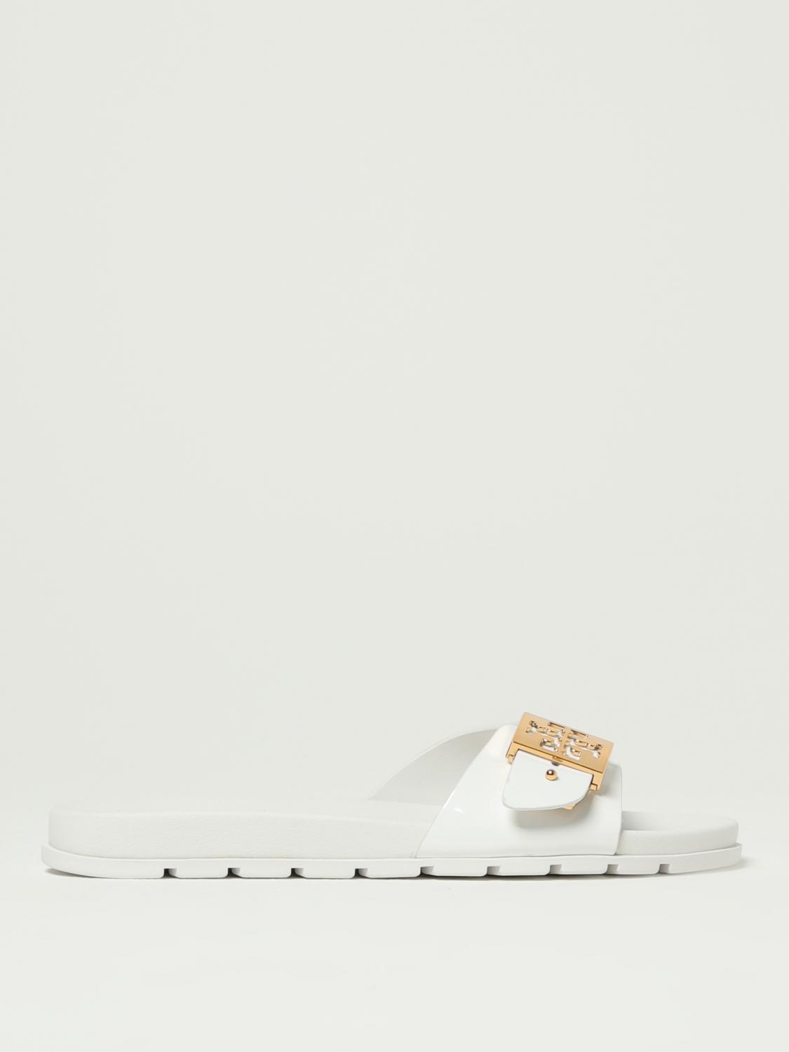 Tory Burch Slide Sandals With Metallic Buckle Accent In White