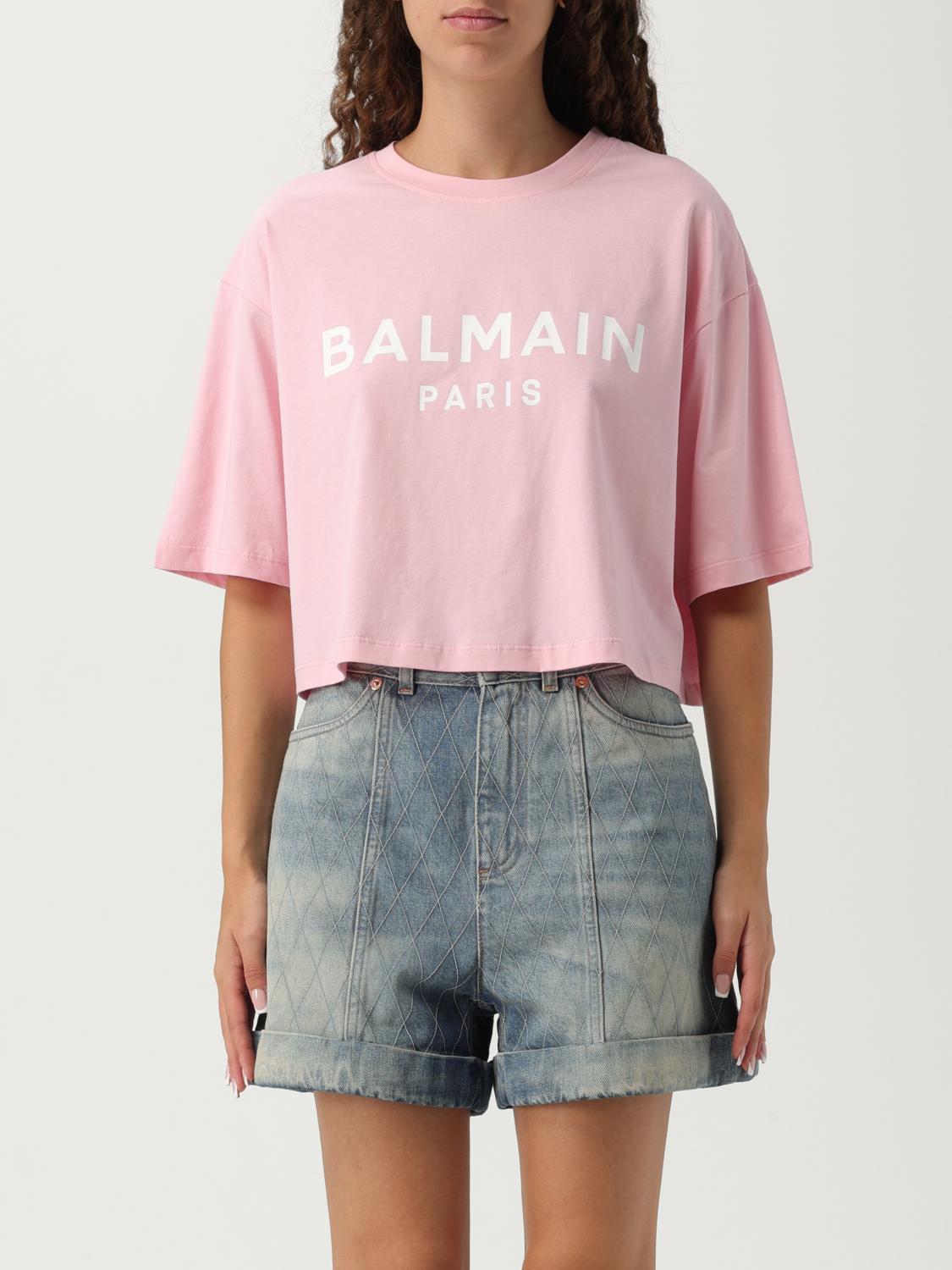 Balmain Logo Print Cropped T-shirt In Pink