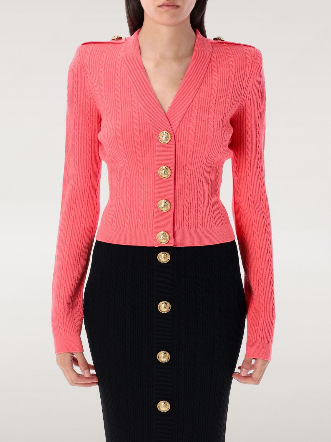 Balmain Long Sleeves Ribbed And Cable-knit Cardigan In Pink