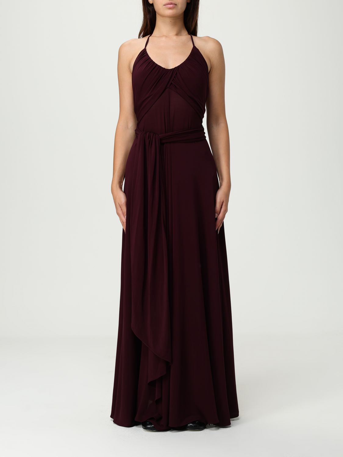 Alaïa Long Burgundy Draped Jersey Dress In Burgundy