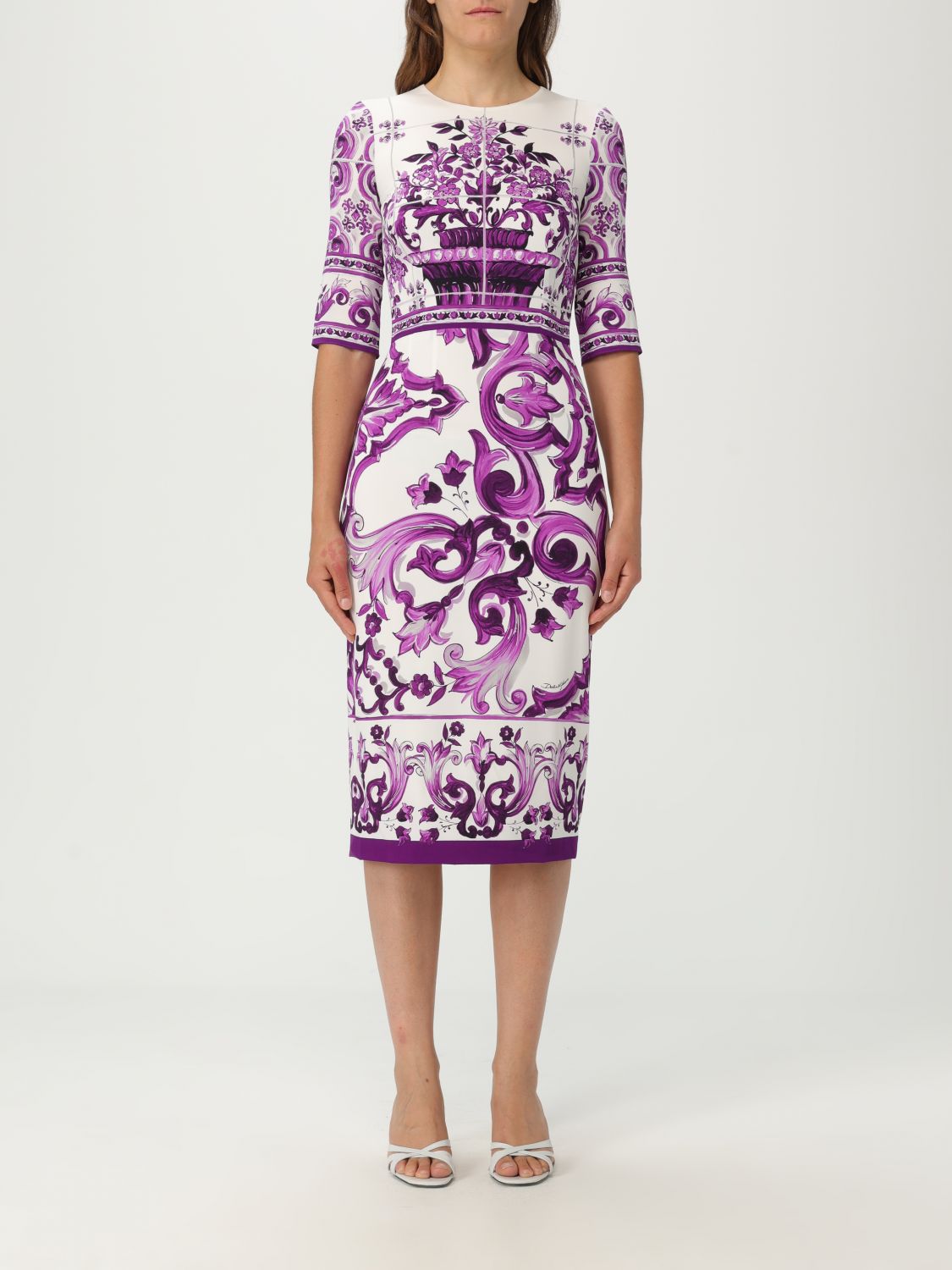 Dolce & Gabbana Violet Crewneck Dress With Rear Zip Closure And All-over Floral Print In Silk Stretch Woman