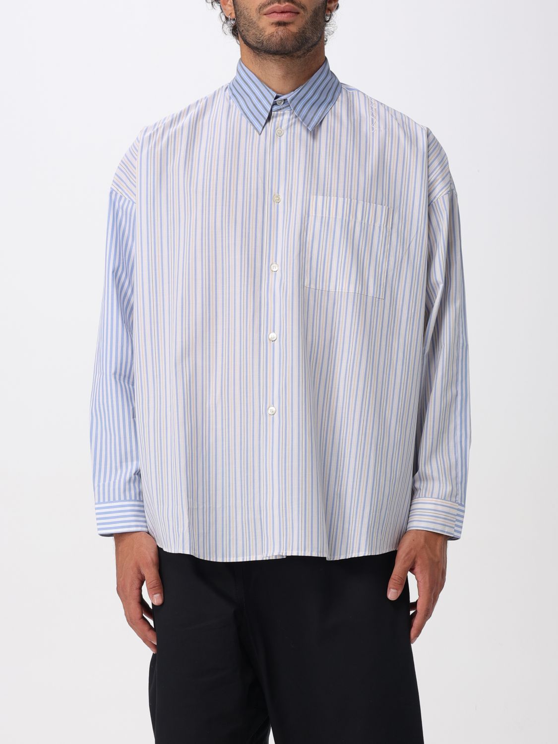 Marni Organic Cotton Shirt With A Mix Of Stripes In Blue