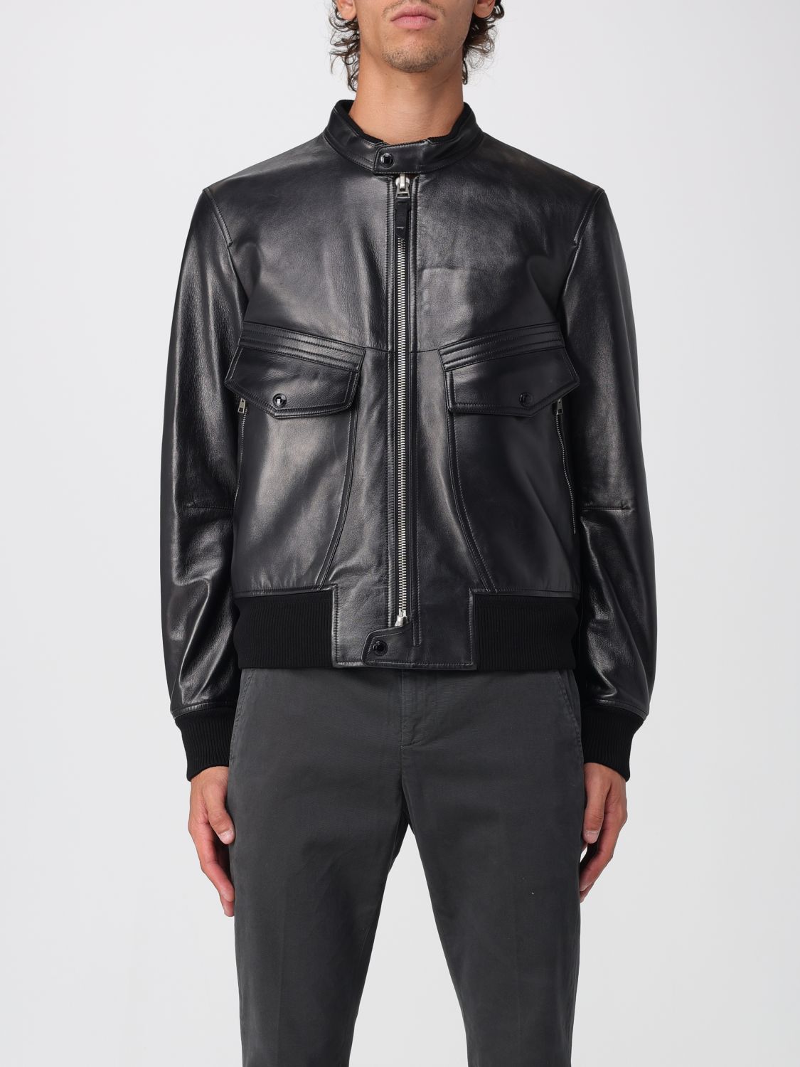 Tom Ford Leather Jacket With Front Pockets And High Collar In Black