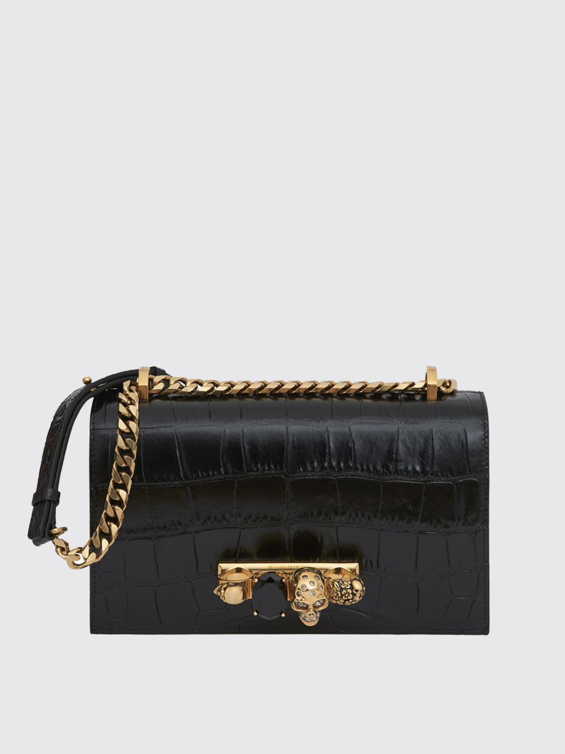 Alexander Mcqueen Black Mini Jewel-decorated Alligator Embossed Shoulder Bag