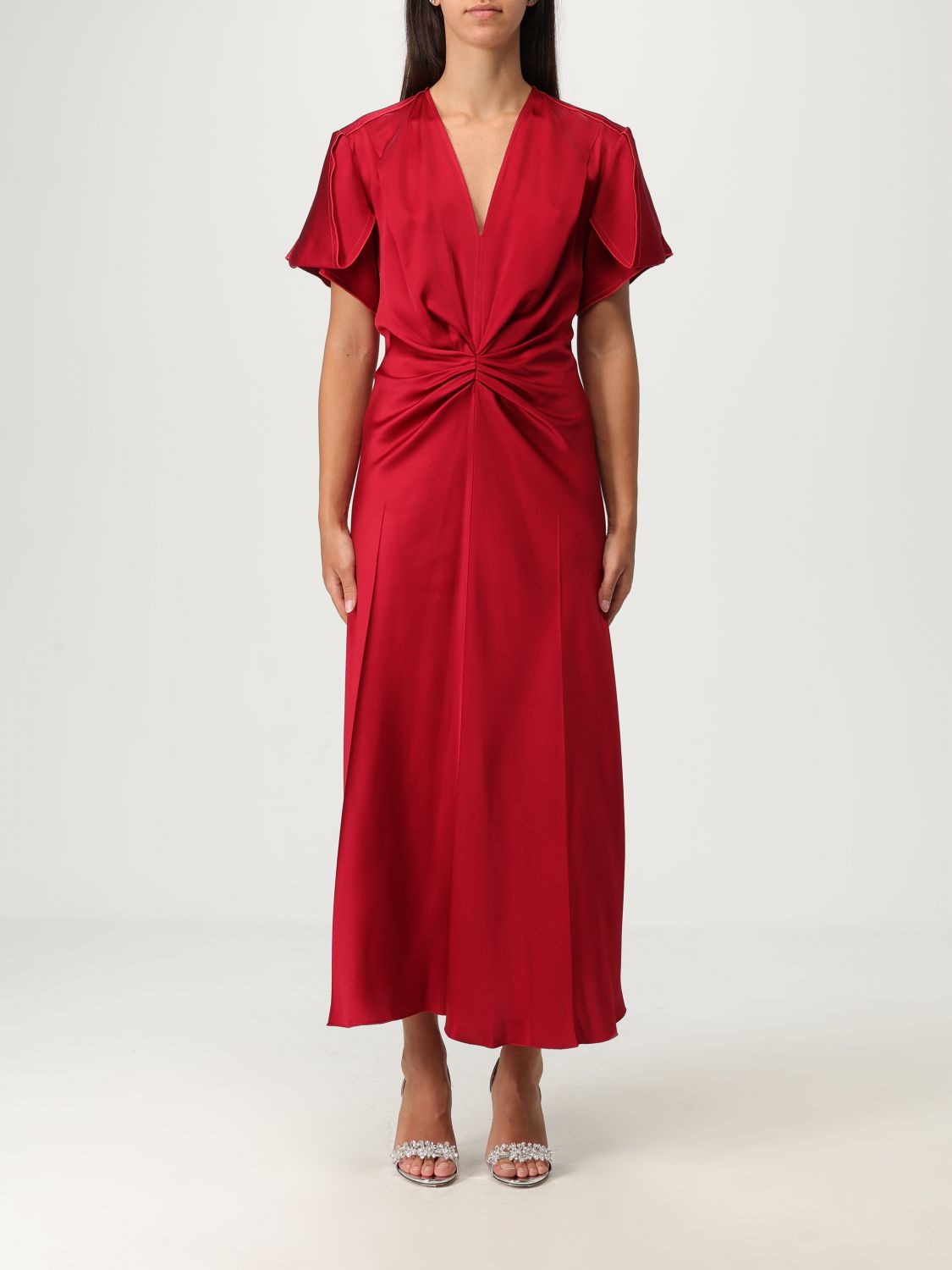 Victoria Beckham Long Waist Ruched Sleeve V-neck Dress In Red