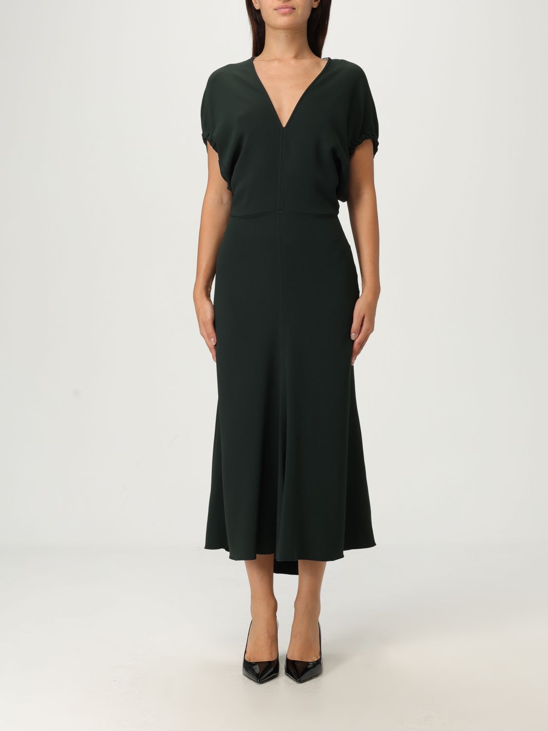 Victoria Beckham Satin Midi Dress Cap Sleeves V-neckline In Black
