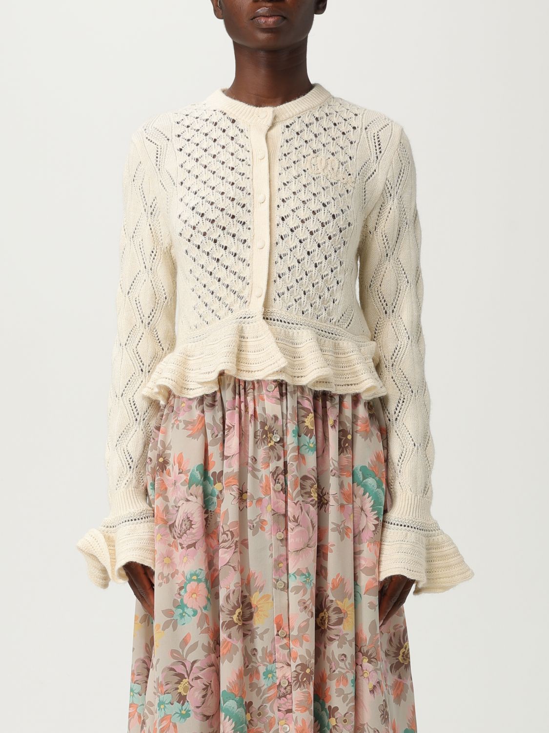 Chloé Openwork Flounced Cardigan In Alpaca And Silk In White