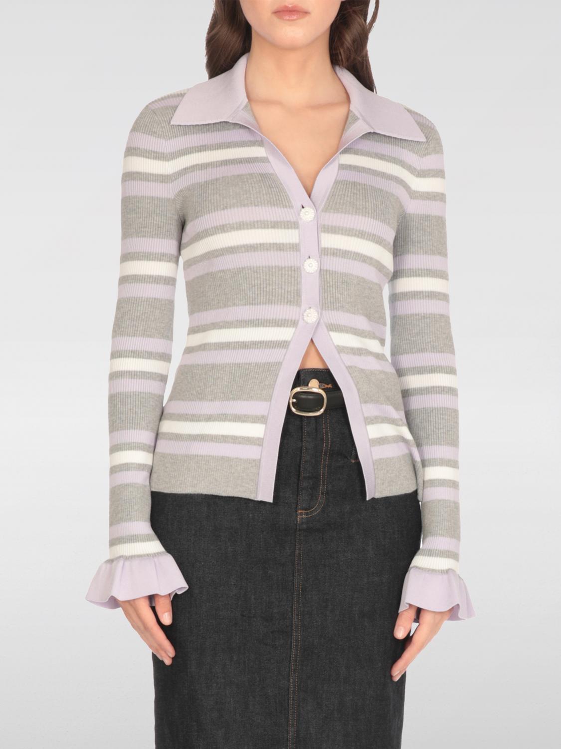 Self-portrait Grey Cardigan With Spread Collar And All-over Striped Motif In Viscose Blend Woman In Gray