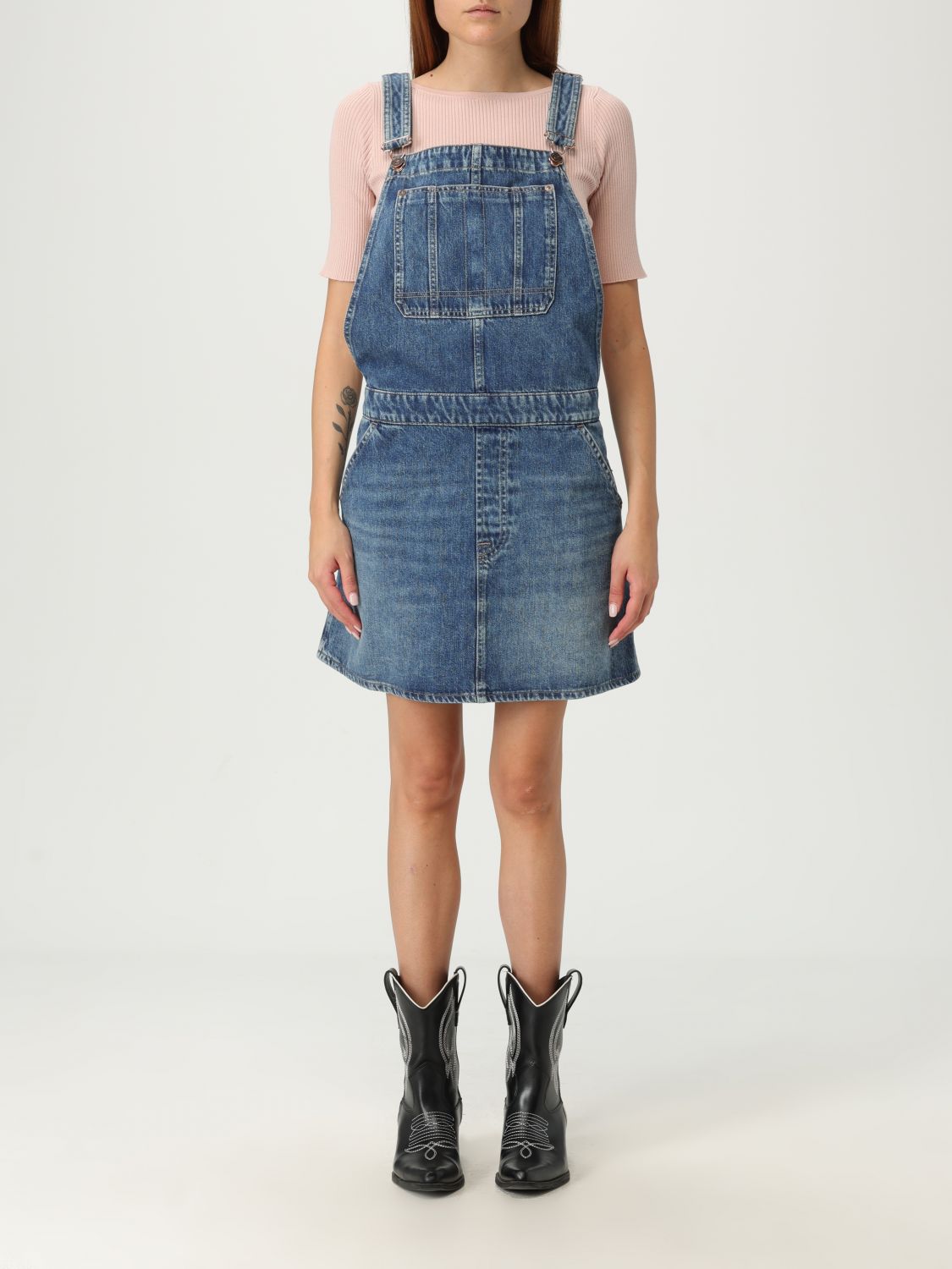 7 For All Mankind Denim Dungaree Dress In Blue