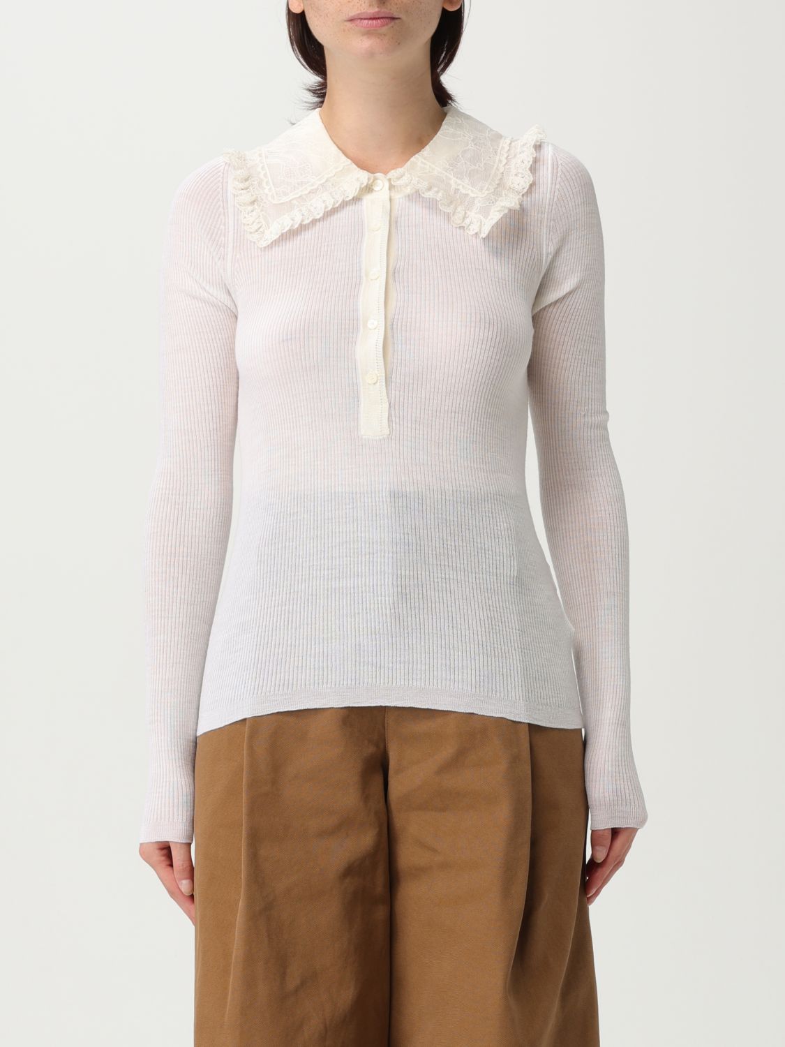 Chloé Lace-collar Superfine Wool Rib Knit Top In White