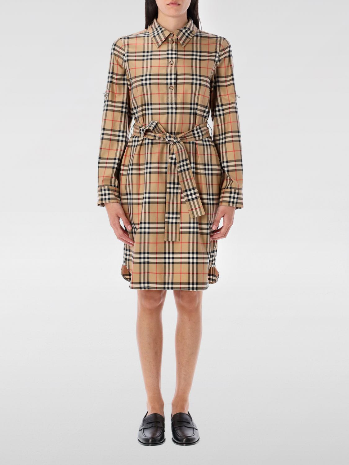 Burberry Beige Check Motif Cotton Shirt Dress In Brown