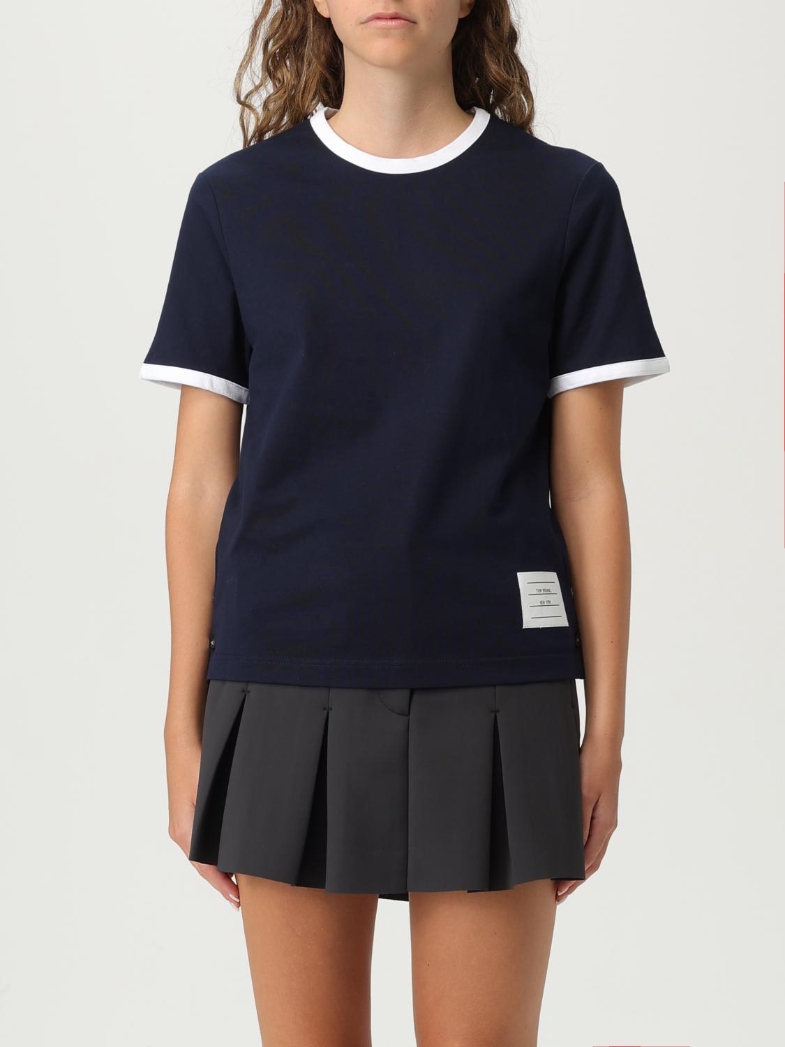 Thom Browne Cotton T-shirt With Ribbed Crew-neck And Contrasting Trimmings In Blue