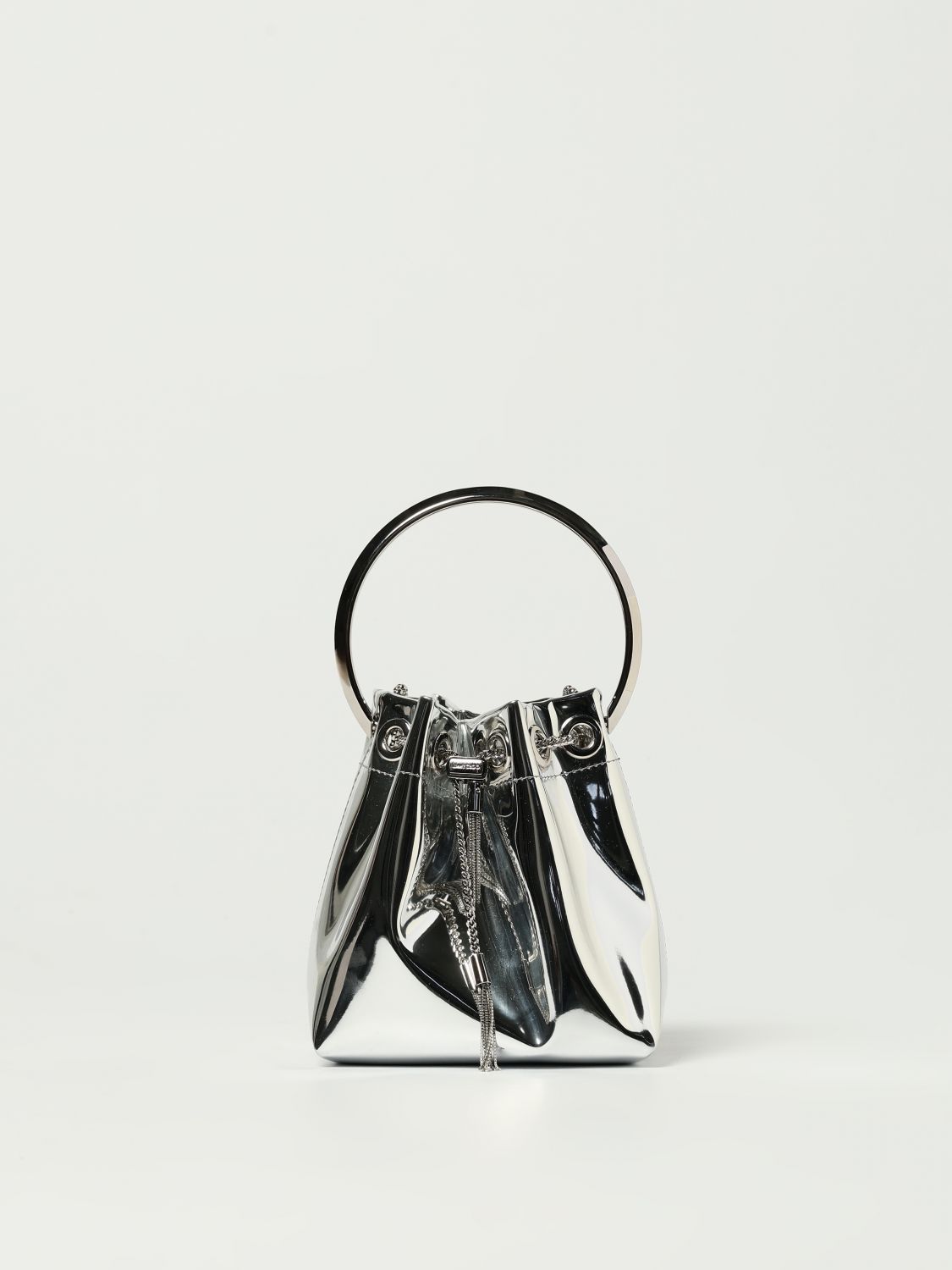 Jimmy Choo Structured Metallic Bucket Bag With Circular Handles In Silver