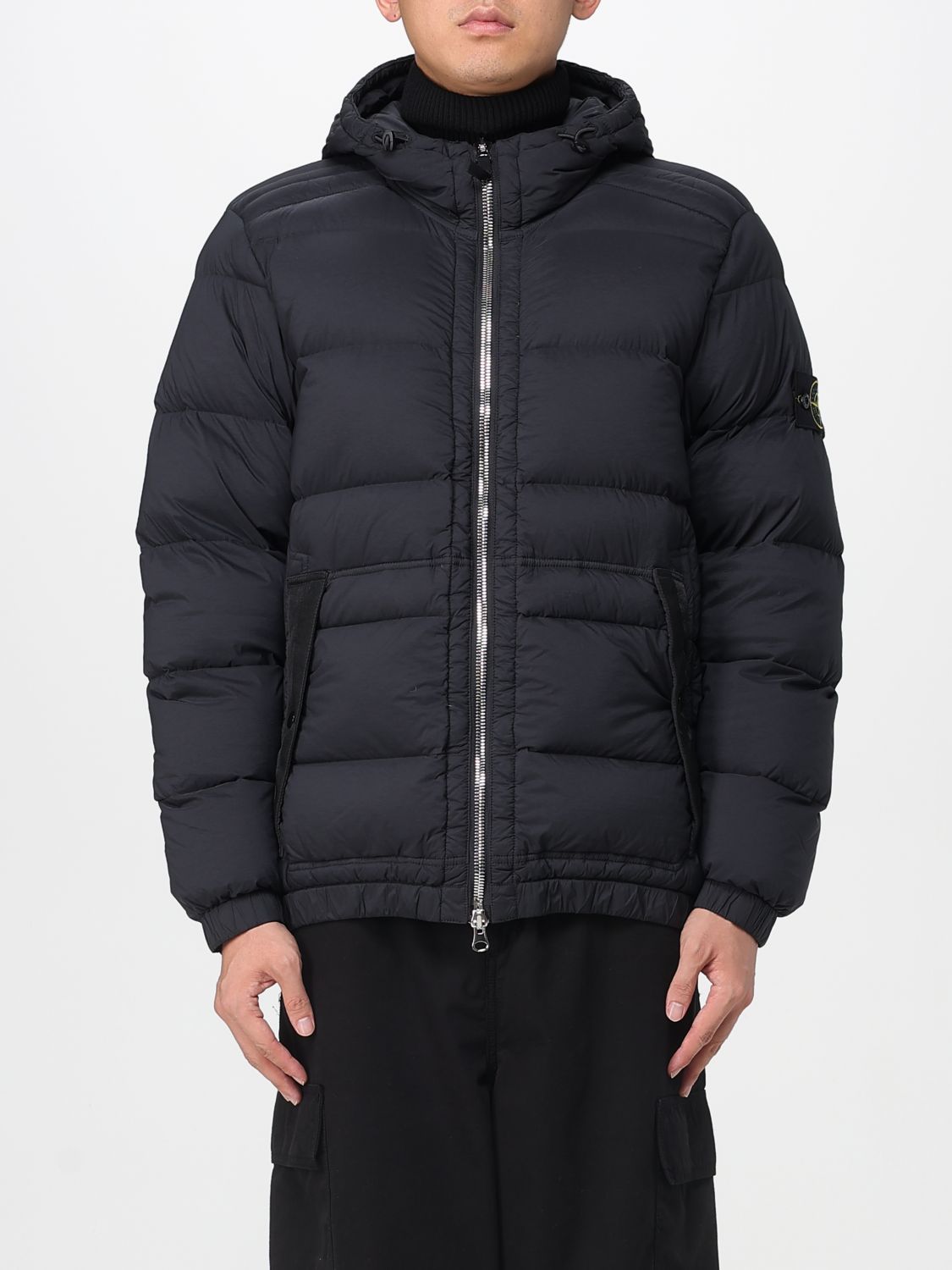 Stone Island Blue Hooded Down Jacket With Logo Patch In Nylon Man In Black