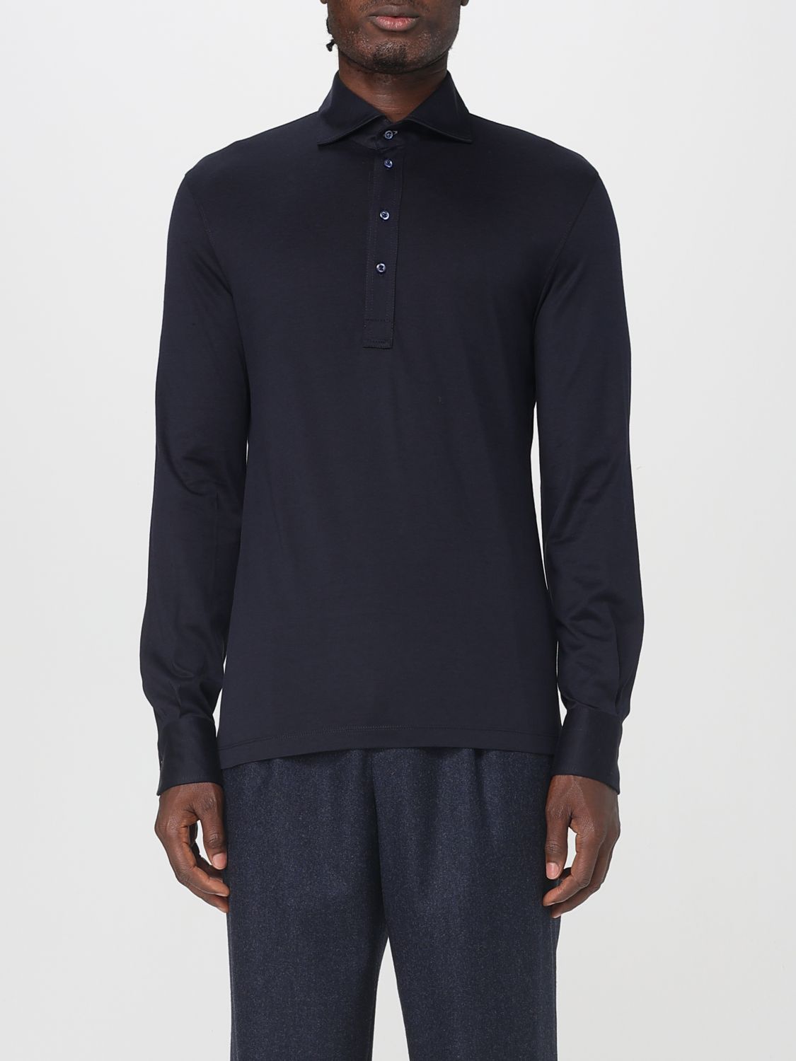 Brunello Cucinelli Long-sleeved Cotton Polo Shirt In Blue