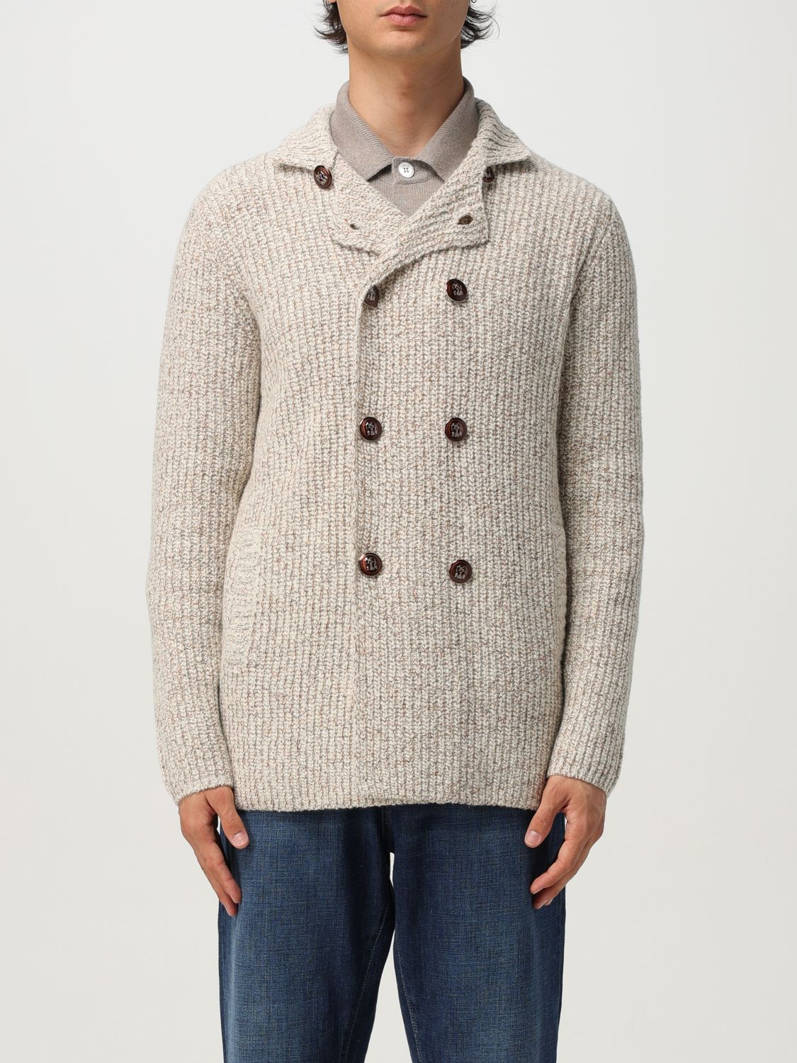 Brunello Cucinelli Textured Knit Double-breasted Jacket With High Collar In Brown