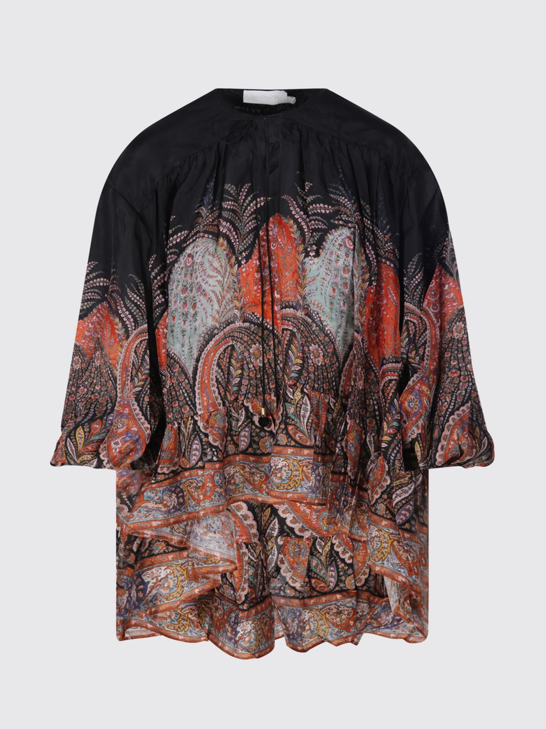 Zimmermann Rhiannon Ruffle Billow Silk Blouse In Black Paisley