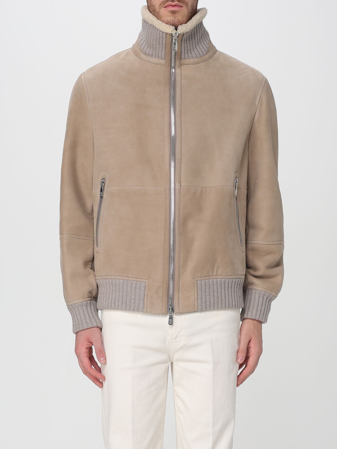 Brunello Cucinelli Men Bomber In Curly Suede Shearling With Cashmere Knit Collar In Brown