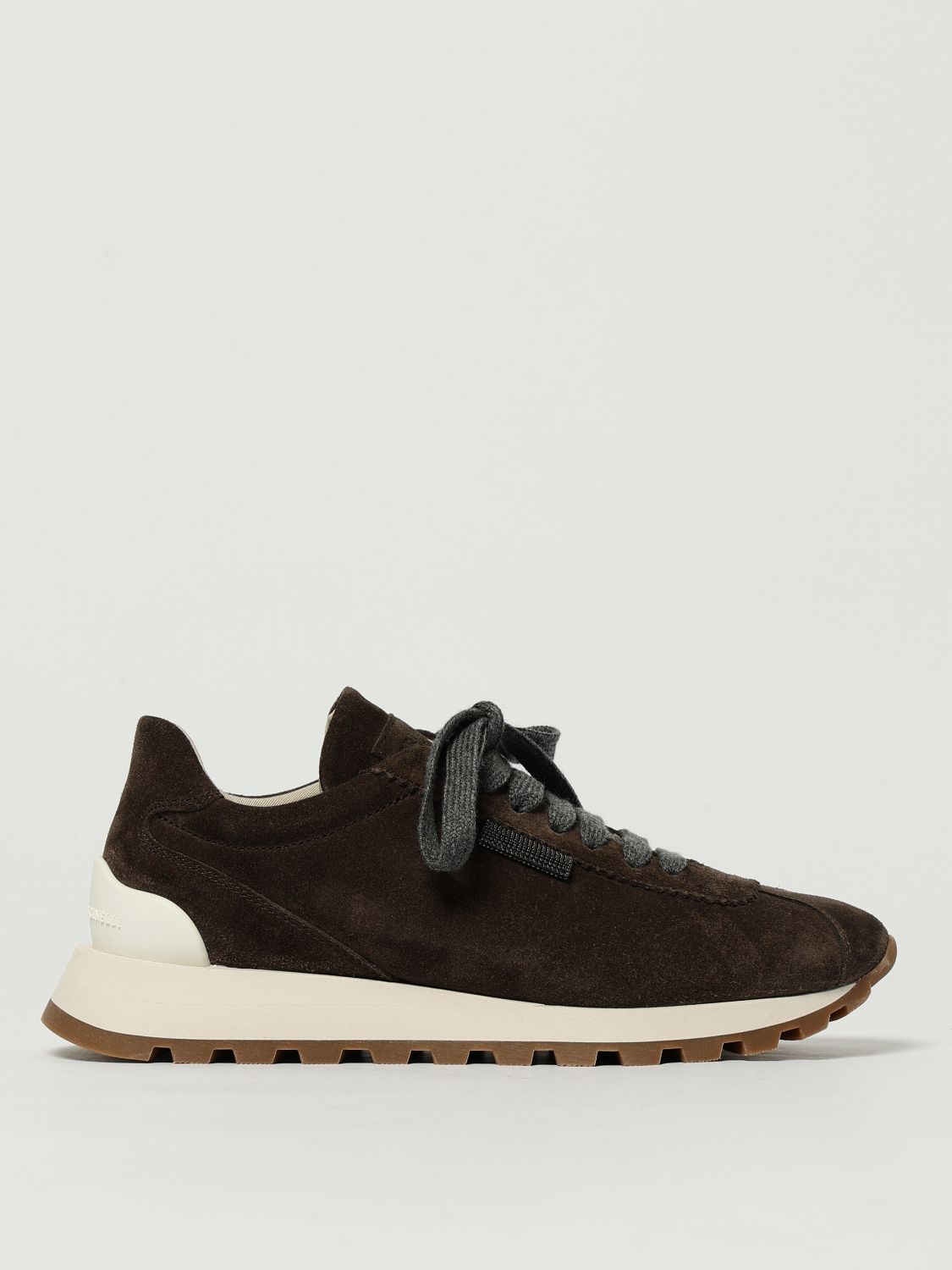 Brunello Cucinelli Brown Low Top Sneakers With Monil Detail On The Side And Embossed Logo Lettering On The Rear In Leat In Brown