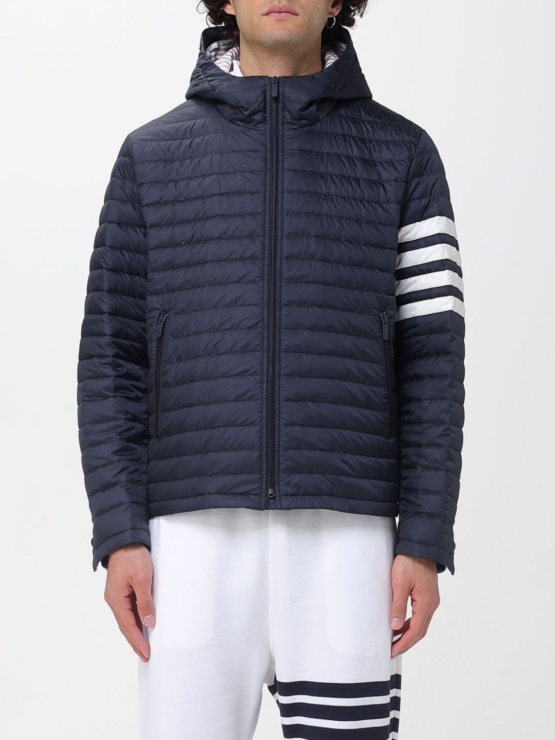 Thom Browne Navy Blue And White Down Jacket In Blue